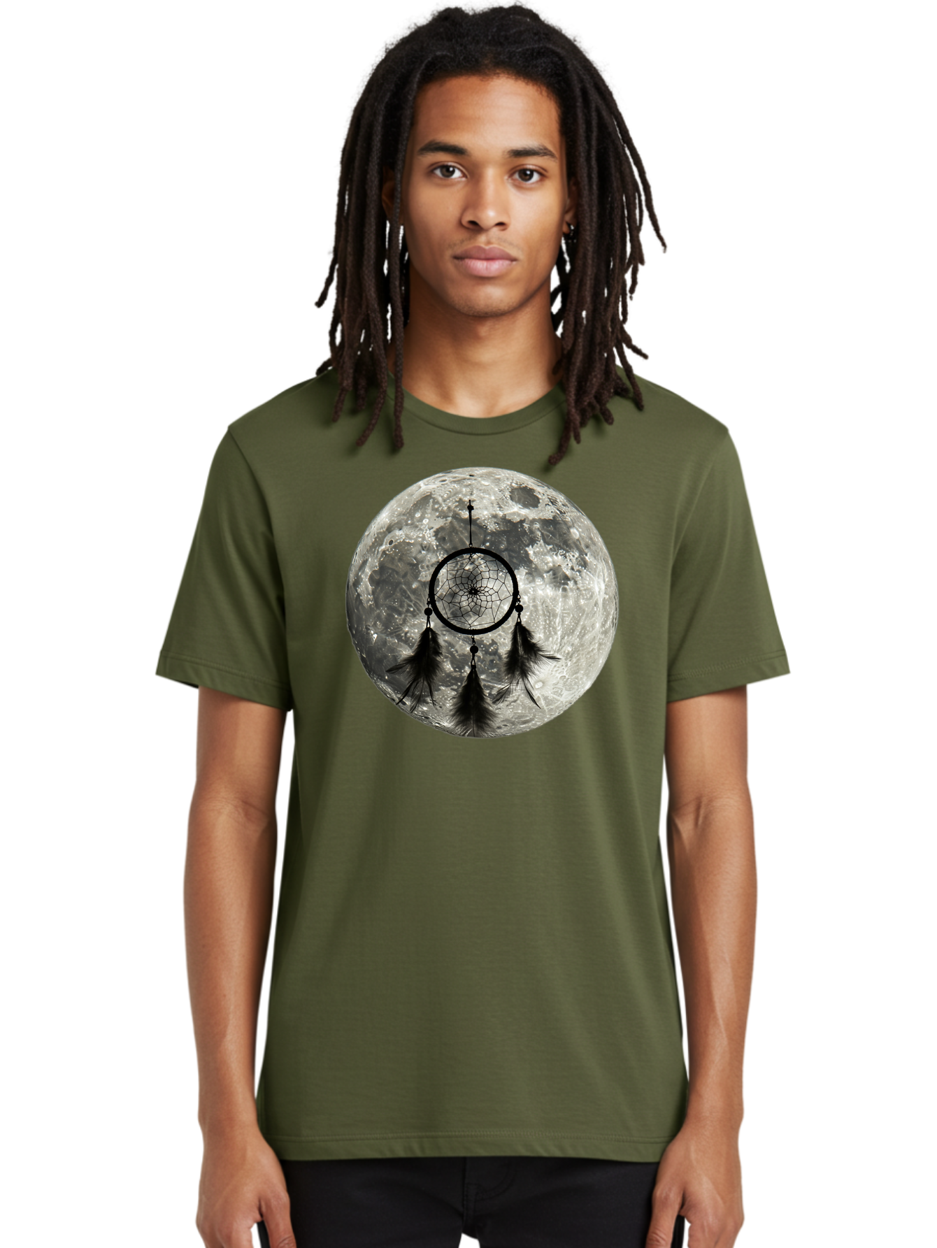 Dreamcatcher-Moon Men'S Graphic Tee, 100% Cotton, Comfortable Casual Summer Wear, Machine Washable, Dreamcatcher With Feathers, Full Moon, Lunar Surface, Mystical Symbol, Spiritual Significance, Black And White, Bohemian Style, Bad058