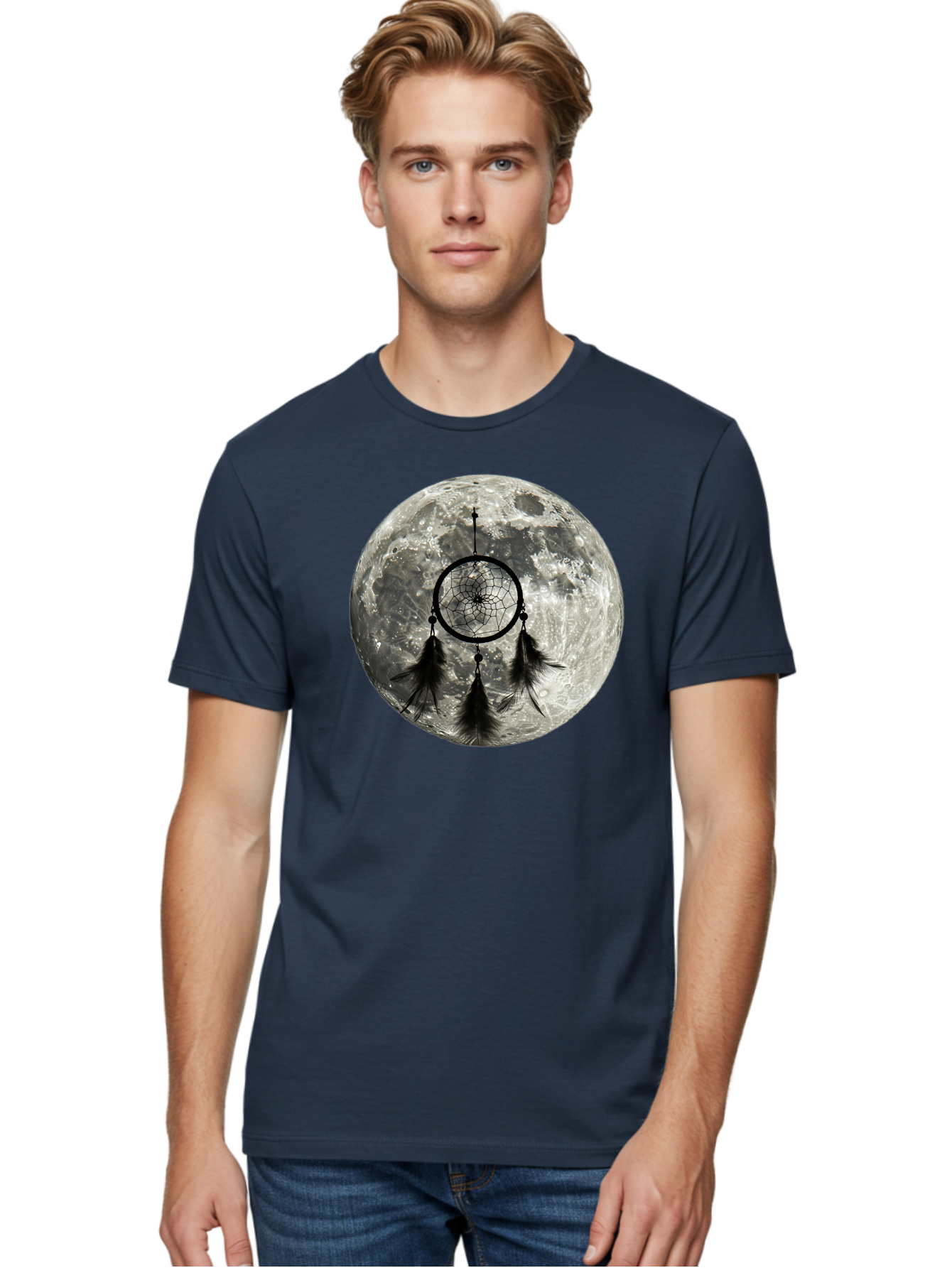 Dreamcatcher-Moon Men'S Graphic Tee, 100% Cotton, Comfortable Casual Summer Wear, Machine Washable, Dreamcatcher With Feathers, Full Moon, Lunar Surface, Mystical Symbol, Spiritual Significance, Black And White, Bohemian Style, Bad058