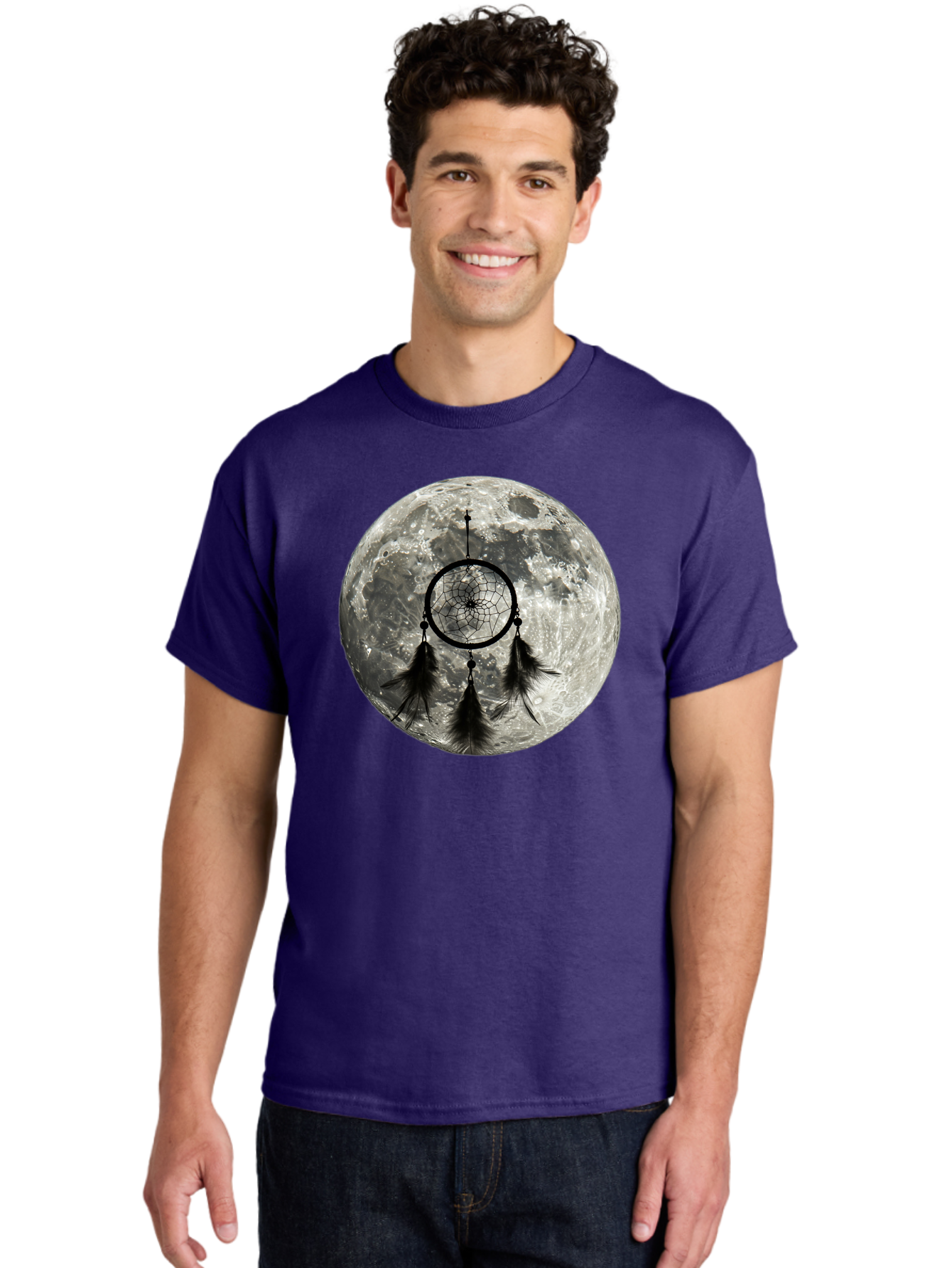 Dreamcatcher-Moon Men'S Graphic Tee, 100% Cotton, Comfortable Casual Summer Wear, Machine Washable, Dreamcatcher With Feathers, Full Moon, Lunar Surface, Mystical Symbol, Spiritual Significance, Black And White, Bohemian Style, Bad058