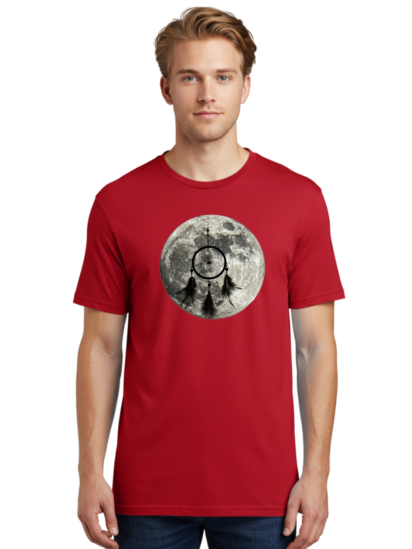 Dreamcatcher-Moon Men'S Graphic Tee, 100% Cotton, Comfortable Casual Summer Wear, Machine Washable, Dreamcatcher With Feathers, Full Moon, Lunar Surface, Mystical Symbol, Spiritual Significance, Black And White, Bohemian Style, Bad058