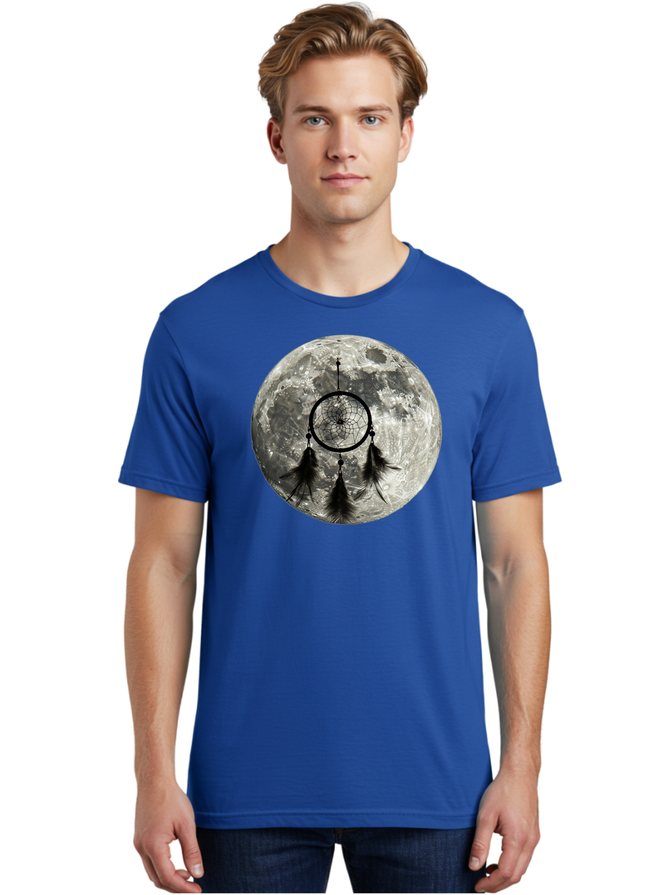 Dreamcatcher-Moon Men'S Graphic Tee, 100% Cotton, Comfortable Casual Summer Wear, Machine Washable, Dreamcatcher With Feathers, Full Moon, Lunar Surface, Mystical Symbol, Spiritual Significance, Black And White, Bohemian Style, Bad058