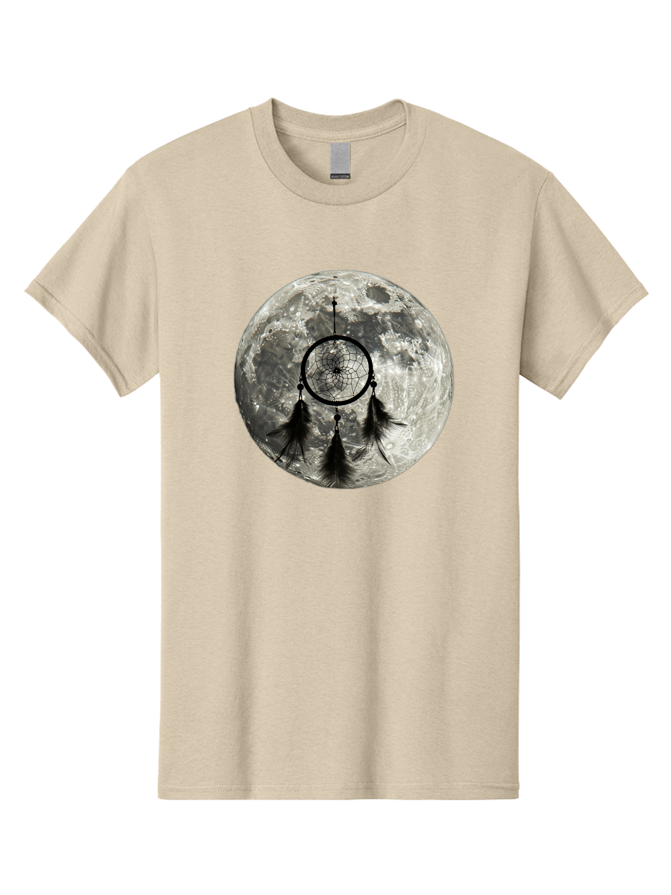 Dreamcatcher-Moon Men'S Graphic Tee, 100% Cotton, Comfortable Casual Summer Wear, Machine Washable, Dreamcatcher With Feathers, Full Moon, Lunar Surface, Mystical Symbol, Spiritual Significance, Black And White, Bohemian Style, Bad058