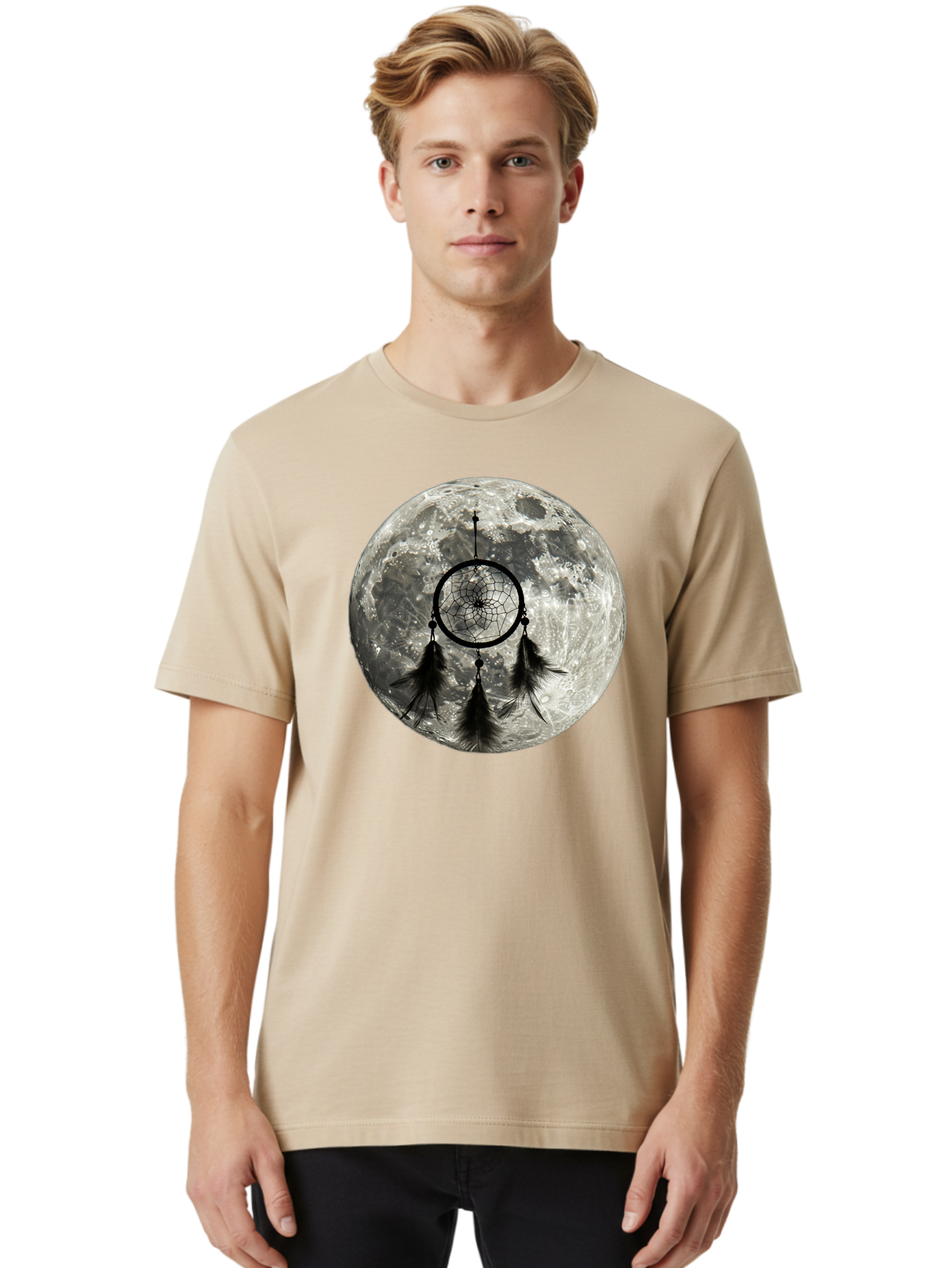 Dreamcatcher-Moon Men'S Graphic Tee, 100% Cotton, Comfortable Casual Summer Wear, Machine Washable, Dreamcatcher With Feathers, Full Moon, Lunar Surface, Mystical Symbol, Spiritual Significance, Black And White, Bohemian Style, Bad058