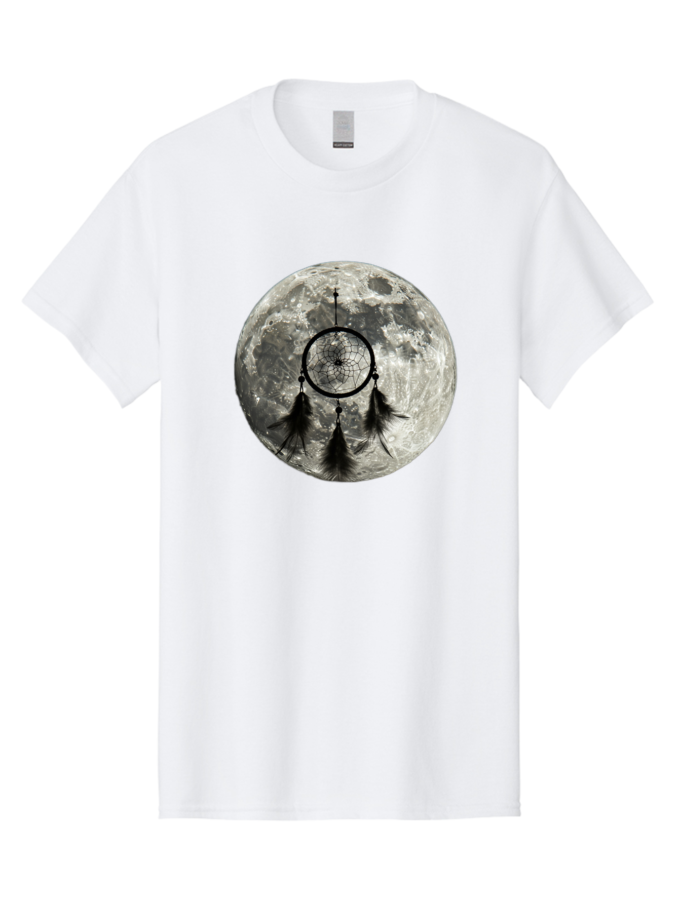 Dreamcatcher-Moon Men'S Graphic Tee, 100% Cotton, Comfortable Casual Summer Wear, Machine Washable, Dreamcatcher With Feathers, Full Moon, Lunar Surface, Mystical Symbol, Spiritual Significance, Black And White, Bohemian Style, Bad058