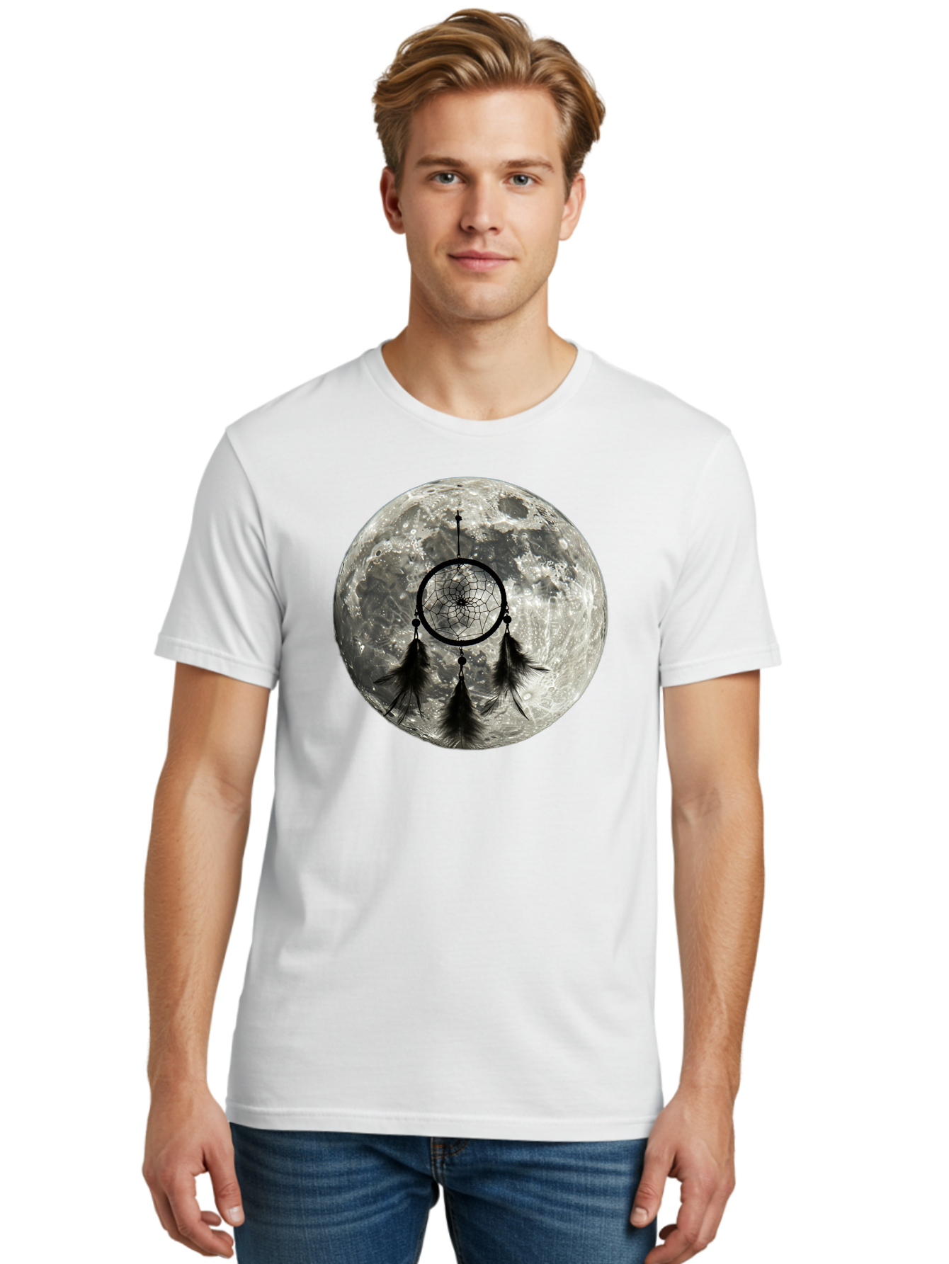 Dreamcatcher-Moon Men'S Graphic Tee, 100% Cotton, Comfortable Casual Summer Wear, Machine Washable, Dreamcatcher With Feathers, Full Moon, Lunar Surface, Mystical Symbol, Spiritual Significance, Black And White, Bohemian Style, Bad058