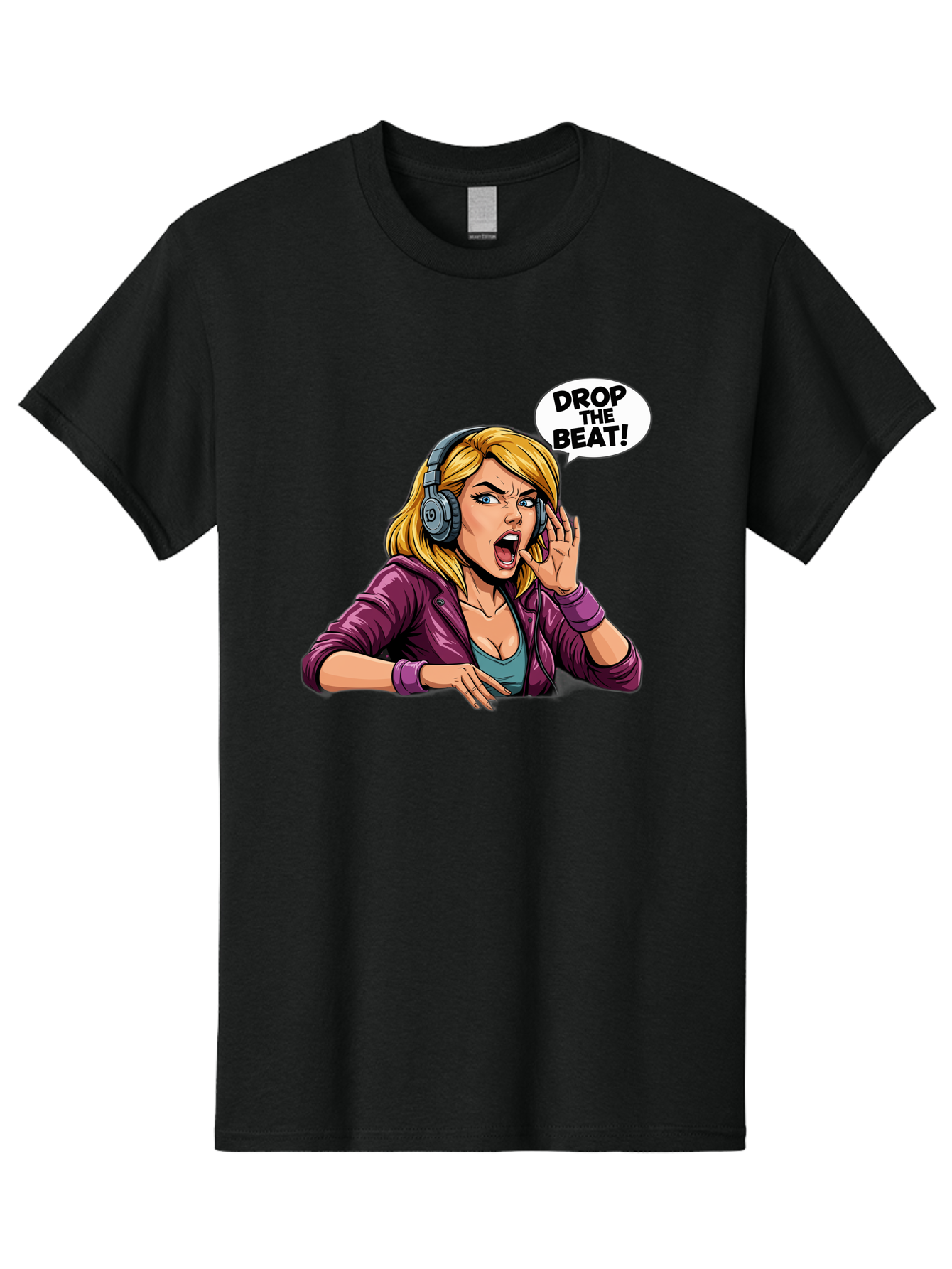 Drop-The-Beat-1 Men'S Graphic Tee, 100% Cotton, Comfortable Casual Summer Wear, Machine Washable, Girl Wearing Headphones, Energetic Music, Drop The Beat, Lively Cartoon Character, Dynamic Illustration, Blonde Woman, Purple Jacket, Bad059