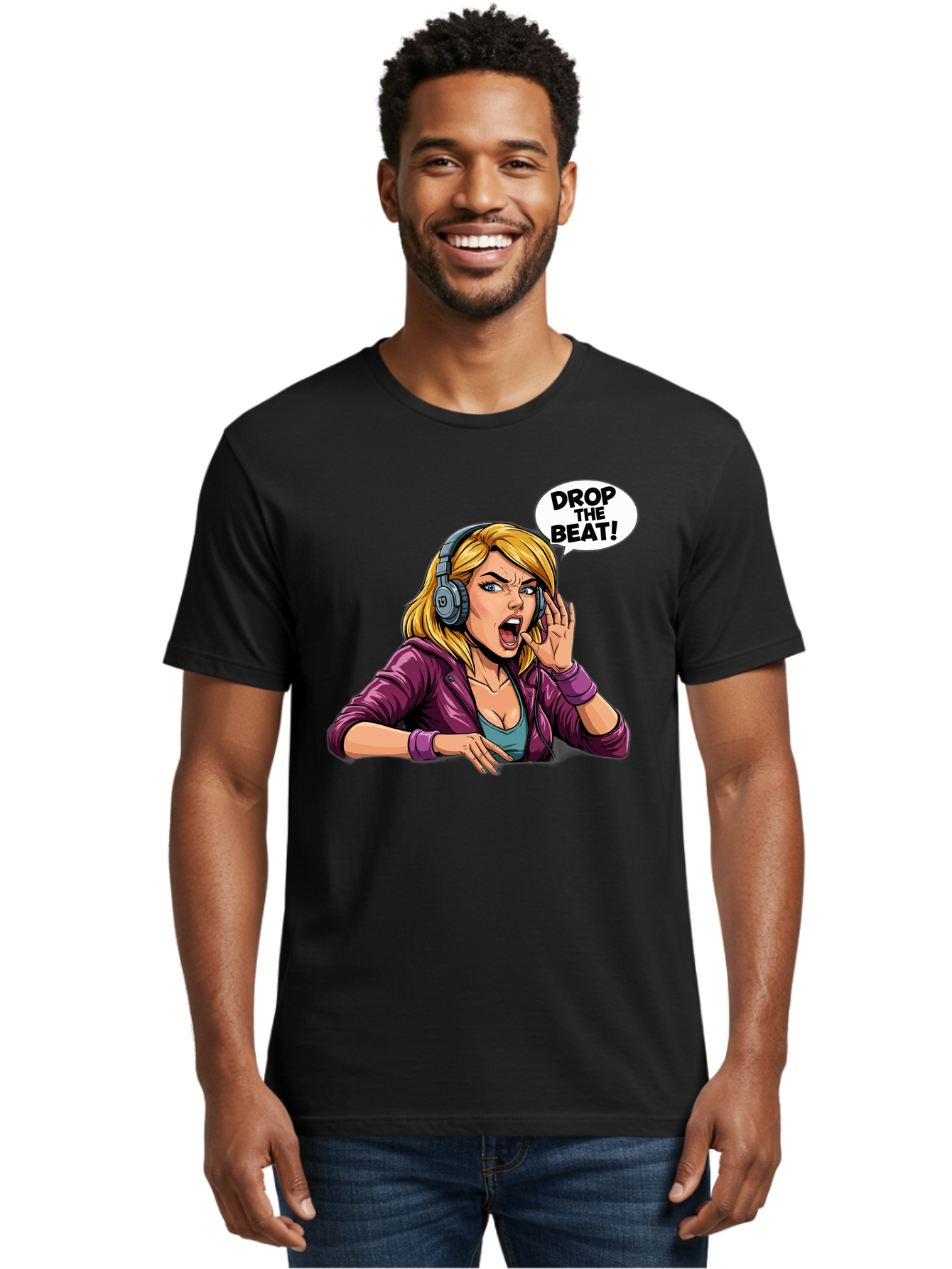 Drop-The-Beat-1 Men'S Graphic Tee, 100% Cotton, Comfortable Casual Summer Wear, Machine Washable, Girl Wearing Headphones, Energetic Music, Drop The Beat, Lively Cartoon Character, Dynamic Illustration, Blonde Woman, Purple Jacket, Bad059