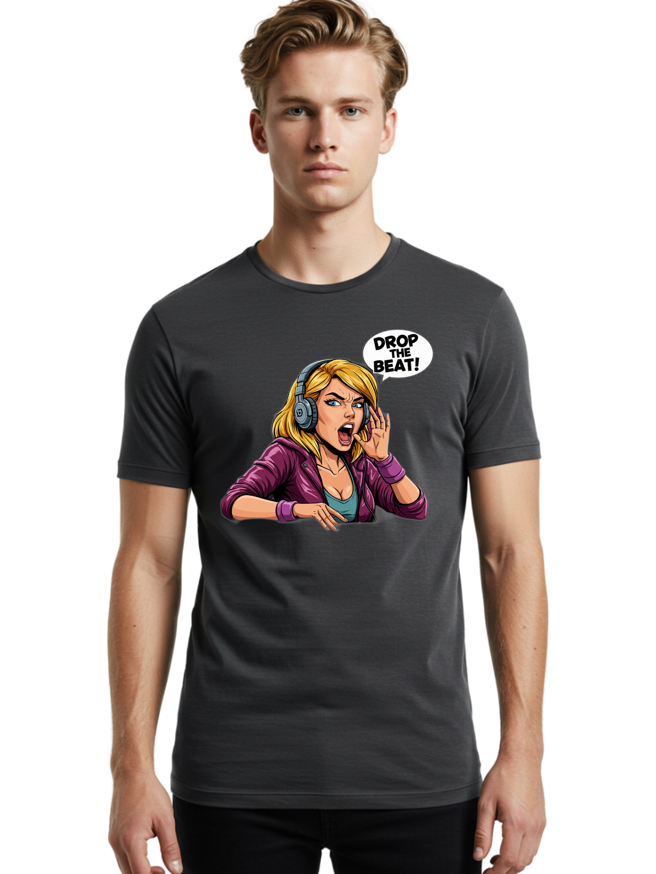 Drop-The-Beat-1 Men'S Graphic Tee, 100% Cotton, Comfortable Casual Summer Wear, Machine Washable, Girl Wearing Headphones, Energetic Music, Drop The Beat, Lively Cartoon Character, Dynamic Illustration, Blonde Woman, Purple Jacket, Bad059