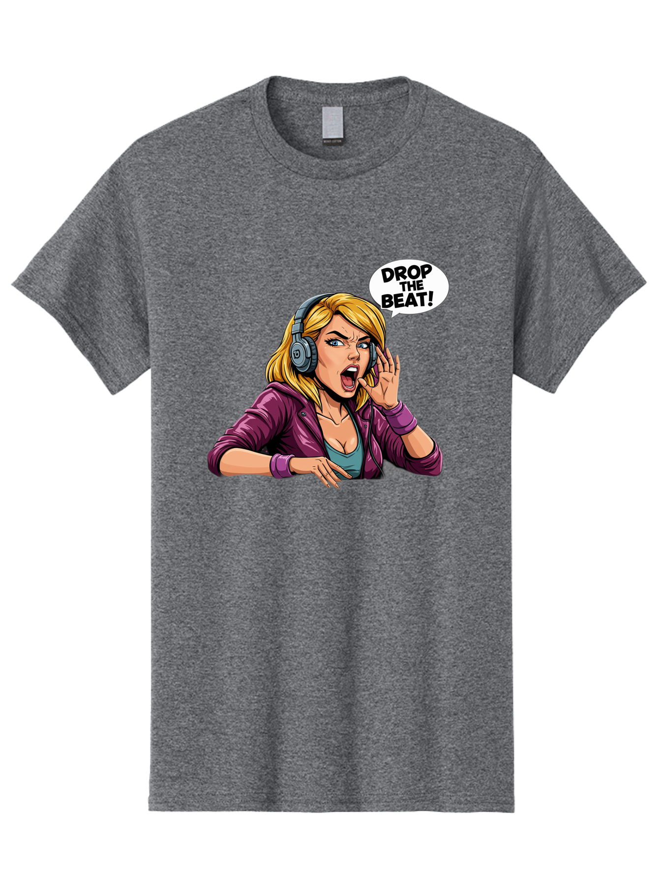 Drop-The-Beat-1 Men'S Graphic Tee, 100% Cotton, Comfortable Casual Summer Wear, Machine Washable, Girl Wearing Headphones, Energetic Music, Drop The Beat, Lively Cartoon Character, Dynamic Illustration, Blonde Woman, Purple Jacket, Bad059