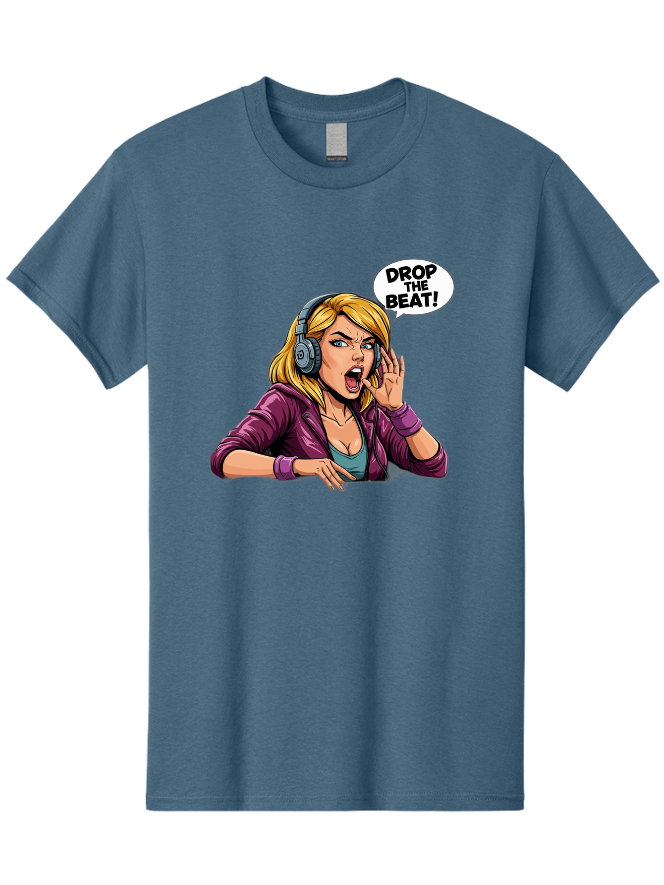 Drop-The-Beat-1 Men'S Graphic Tee, 100% Cotton, Comfortable Casual Summer Wear, Machine Washable, Girl Wearing Headphones, Energetic Music, Drop The Beat, Lively Cartoon Character, Dynamic Illustration, Blonde Woman, Purple Jacket, Bad059