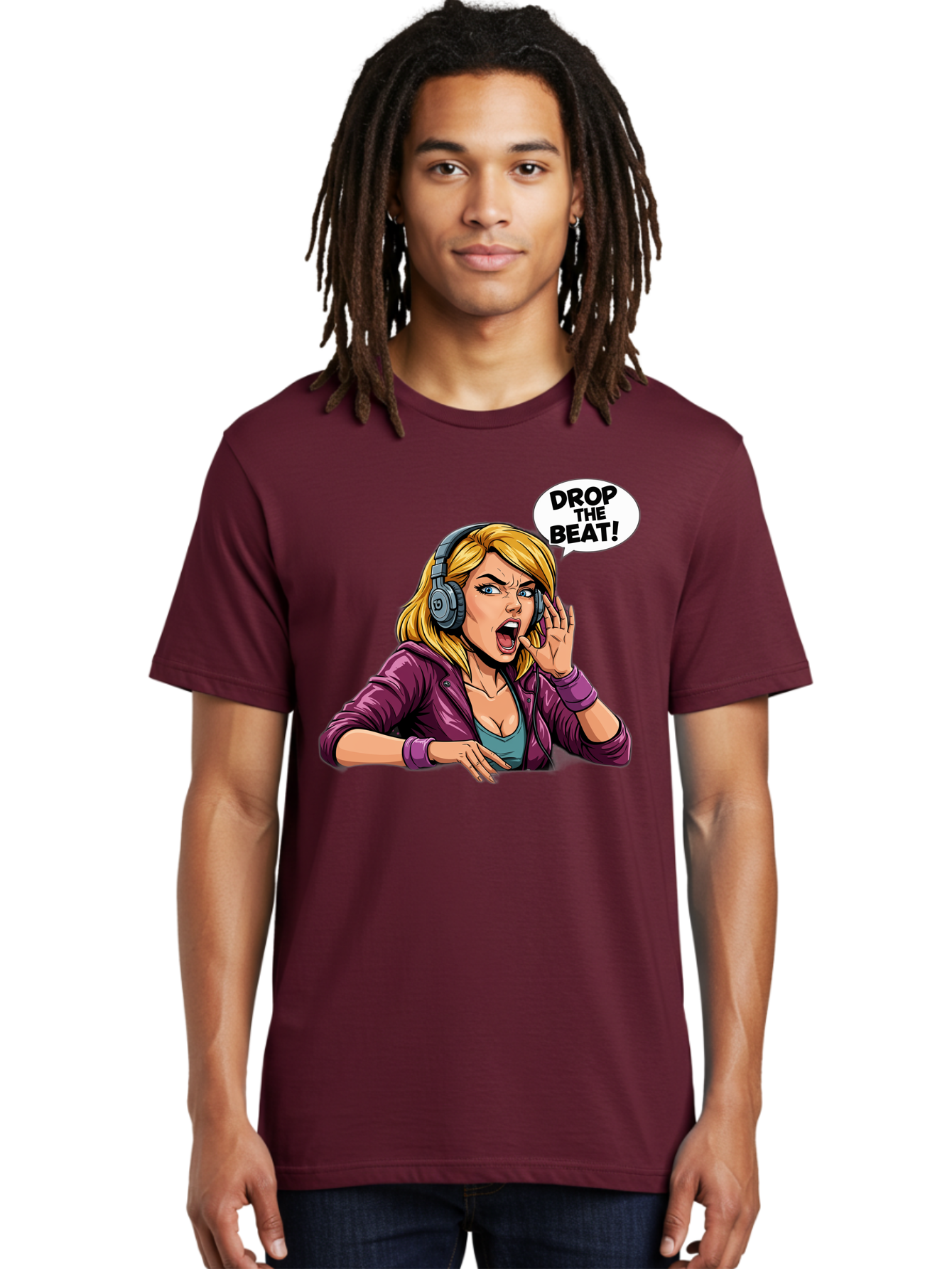 Drop-The-Beat-1 Men'S Graphic Tee, 100% Cotton, Comfortable Casual Summer Wear, Machine Washable, Girl Wearing Headphones, Energetic Music, Drop The Beat, Lively Cartoon Character, Dynamic Illustration, Blonde Woman, Purple Jacket, Bad059