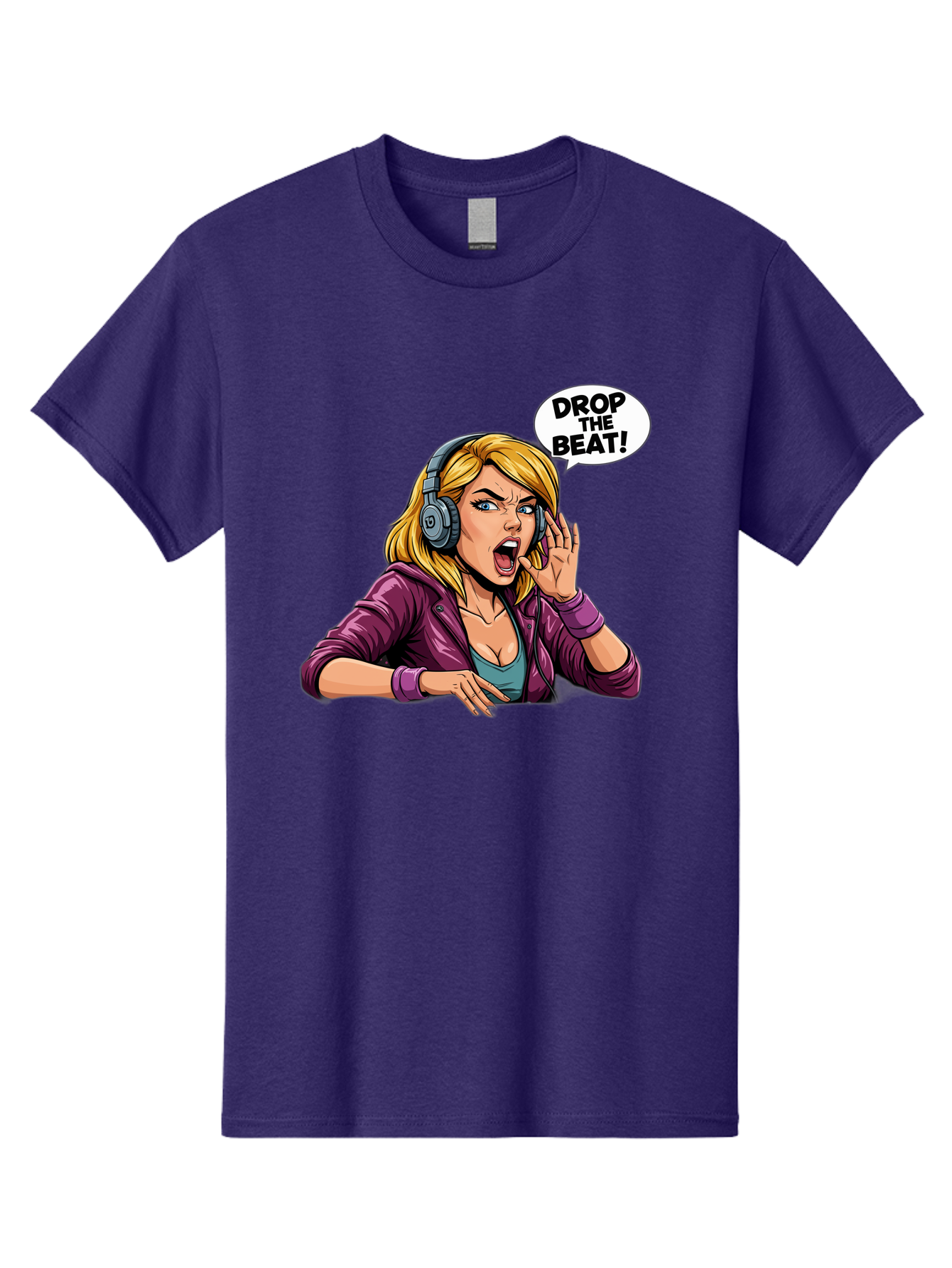 Drop-The-Beat-1 Men'S Graphic Tee, 100% Cotton, Comfortable Casual Summer Wear, Machine Washable, Girl Wearing Headphones, Energetic Music, Drop The Beat, Lively Cartoon Character, Dynamic Illustration, Blonde Woman, Purple Jacket, Bad059