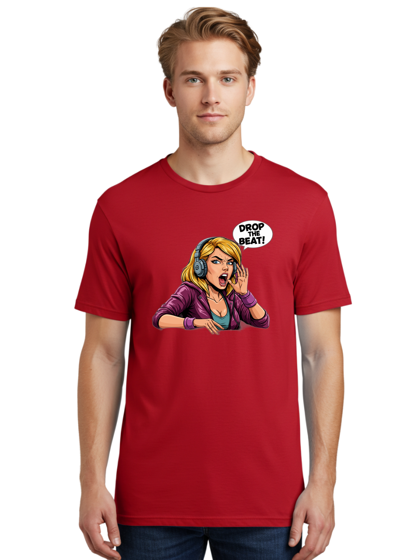 Drop-The-Beat-1 Men'S Graphic Tee, 100% Cotton, Comfortable Casual Summer Wear, Machine Washable, Girl Wearing Headphones, Energetic Music, Drop The Beat, Lively Cartoon Character, Dynamic Illustration, Blonde Woman, Purple Jacket, Bad059