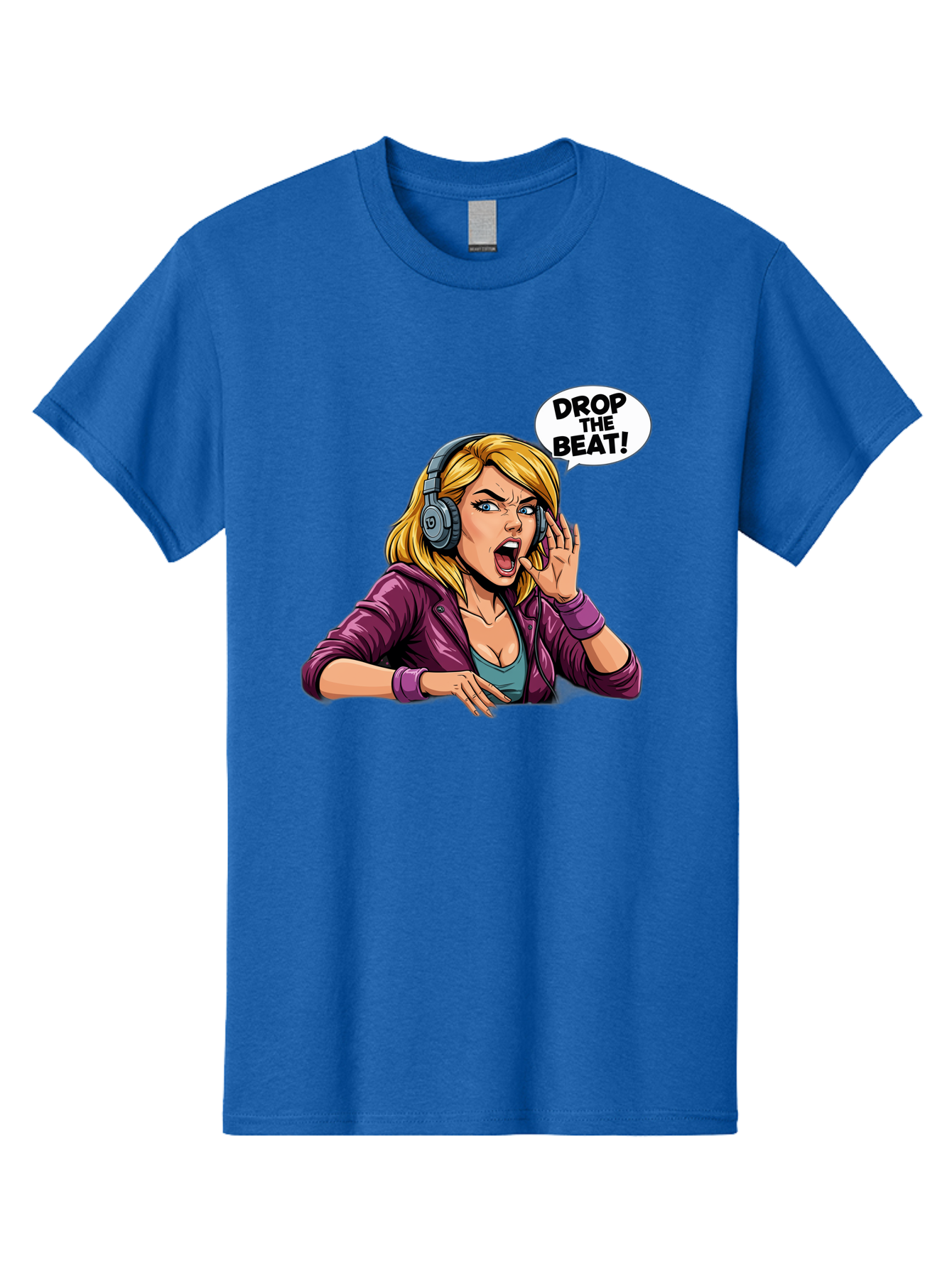 Drop-The-Beat-1 Men'S Graphic Tee, 100% Cotton, Comfortable Casual Summer Wear, Machine Washable, Girl Wearing Headphones, Energetic Music, Drop The Beat, Lively Cartoon Character, Dynamic Illustration, Blonde Woman, Purple Jacket, Bad059