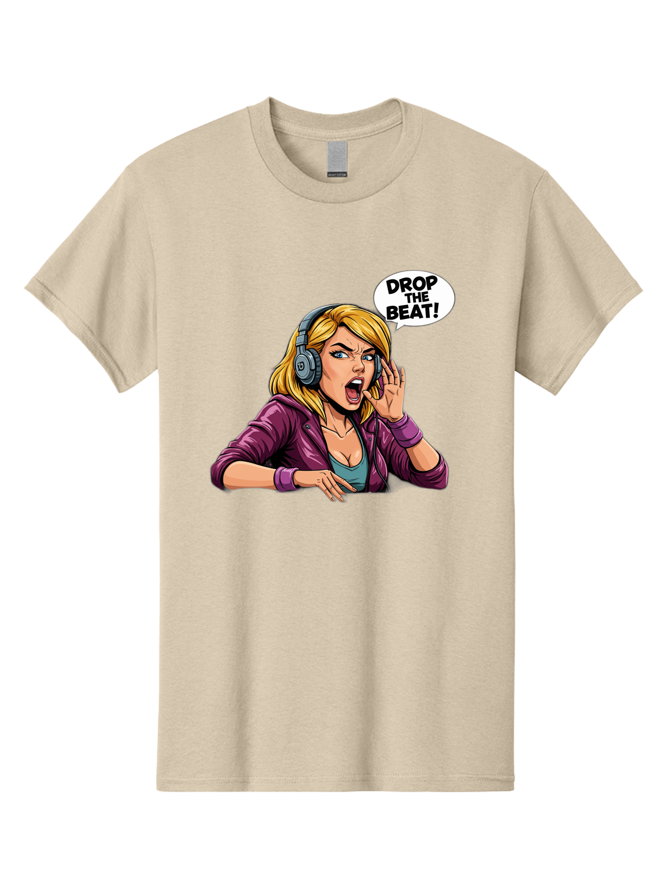 Drop-The-Beat-1 Men'S Graphic Tee, 100% Cotton, Comfortable Casual Summer Wear, Machine Washable, Girl Wearing Headphones, Energetic Music, Drop The Beat, Lively Cartoon Character, Dynamic Illustration, Blonde Woman, Purple Jacket, Bad059