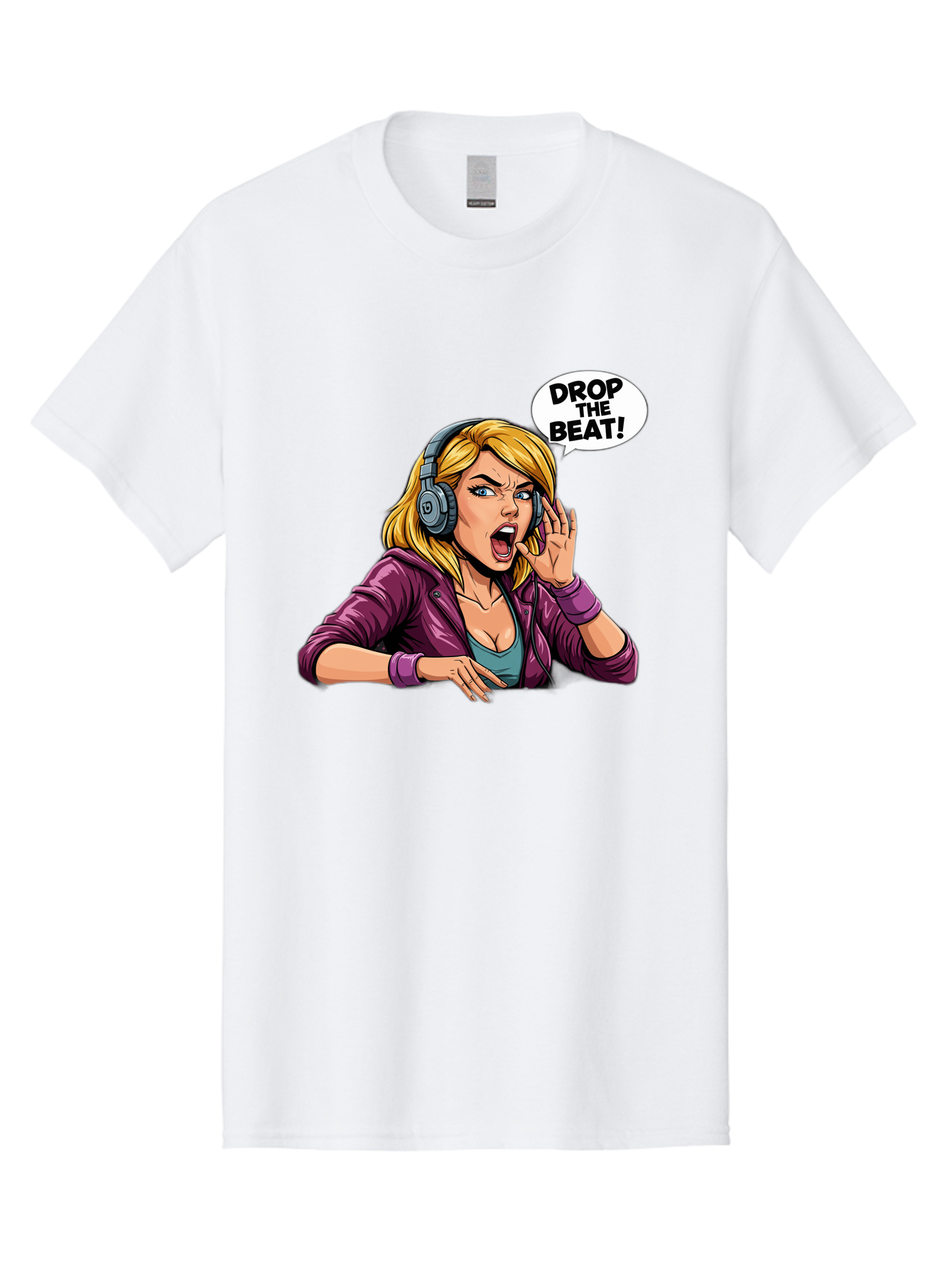 Drop-The-Beat-1 Men'S Graphic Tee, 100% Cotton, Comfortable Casual Summer Wear, Machine Washable, Girl Wearing Headphones, Energetic Music, Drop The Beat, Lively Cartoon Character, Dynamic Illustration, Blonde Woman, Purple Jacket, Bad059