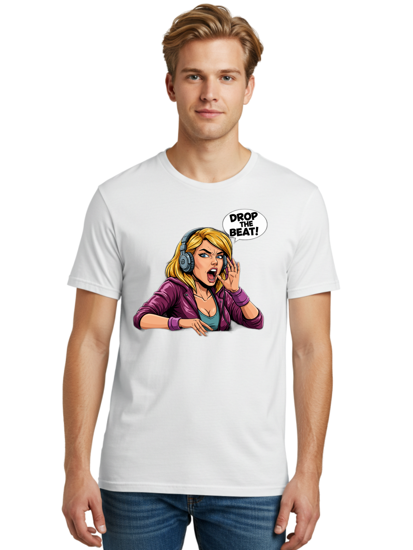 Drop-The-Beat-1 Men'S Graphic Tee, 100% Cotton, Comfortable Casual Summer Wear, Machine Washable, Girl Wearing Headphones, Energetic Music, Drop The Beat, Lively Cartoon Character, Dynamic Illustration, Blonde Woman, Purple Jacket, Bad059
