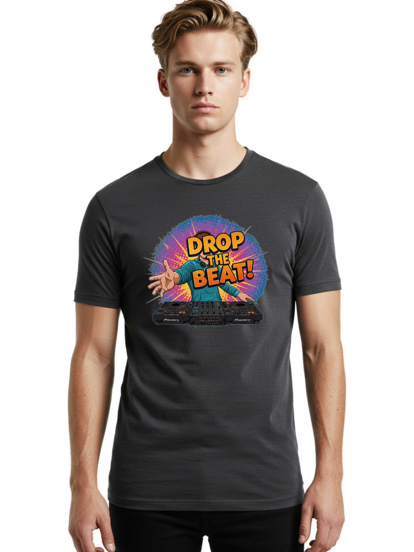 Drop-The-Beat Men'S Graphic Tee, 100% Cotton, Comfortable Casual Summer Wear, Machine Washable, Dj Spinning Tracks, Electronic Dance Music, Party Atmosphere, Club Vibe, Dj Controller, Pionery Equipment, Mixing Beats, Energetic Performance Bad060