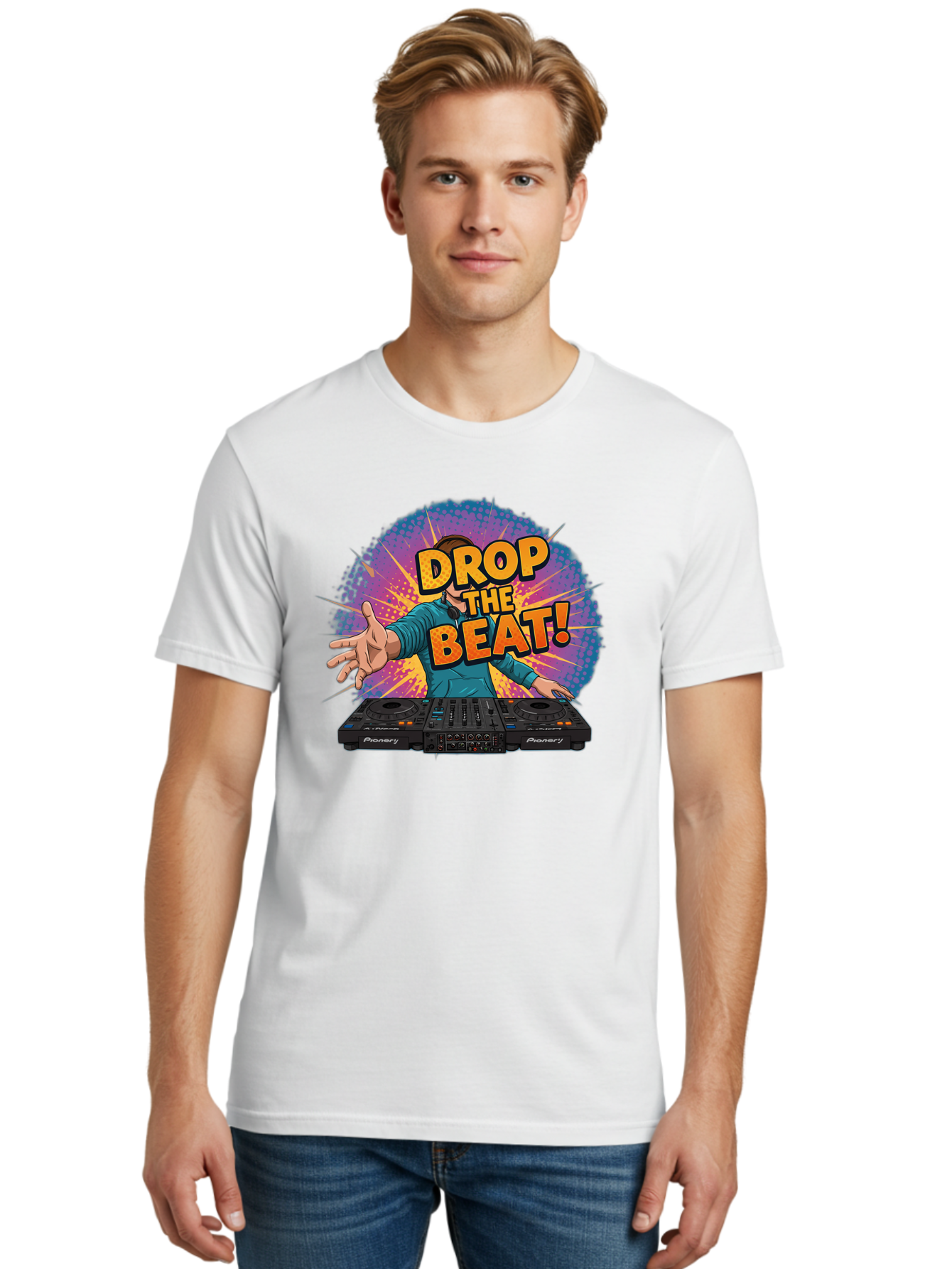Drop-The-Beat Men'S Graphic Tee, 100% Cotton, Comfortable Casual Summer Wear, Machine Washable, Dj Spinning Tracks, Electronic Dance Music, Party Atmosphere, Club Vibe, Dj Controller, Pionery Equipment, Mixing Beats, Energetic Performance Bad060