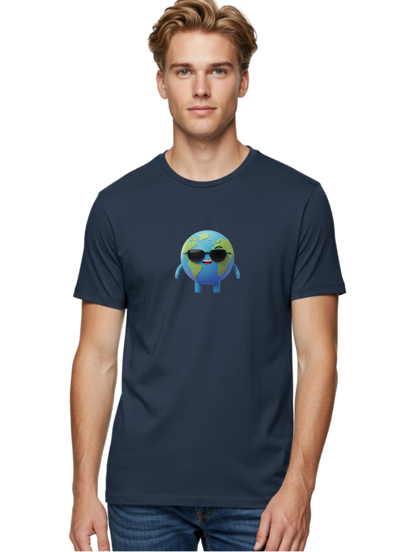 Earth-With-Sunglasses Men'S Graphic Tee, 100% Cotton, Comfortable Casual Summer Wear, Machine Washable, Cartoon Earth, Sunglasses, Smiling Face, Anthropomorphic Globe, Cute Character, Fun Design, Earth Illustration, Quirky Style, Cool Planet, Bad062