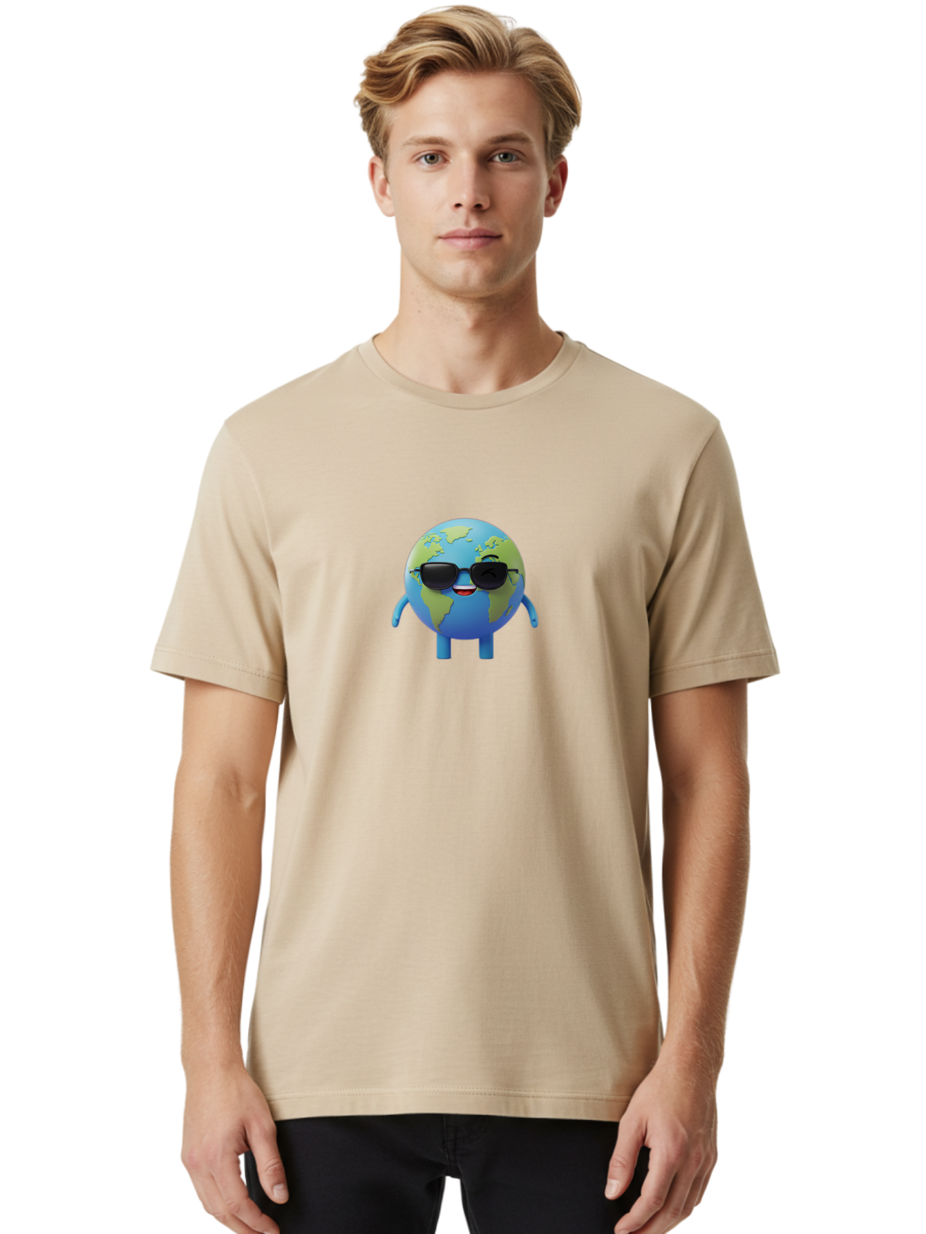 Earth-With-Sunglasses Men'S Graphic Tee, 100% Cotton, Comfortable Casual Summer Wear, Machine Washable, Cartoon Earth, Sunglasses, Smiling Face, Anthropomorphic Globe, Cute Character, Fun Design, Earth Illustration, Quirky Style, Cool Planet, Bad062