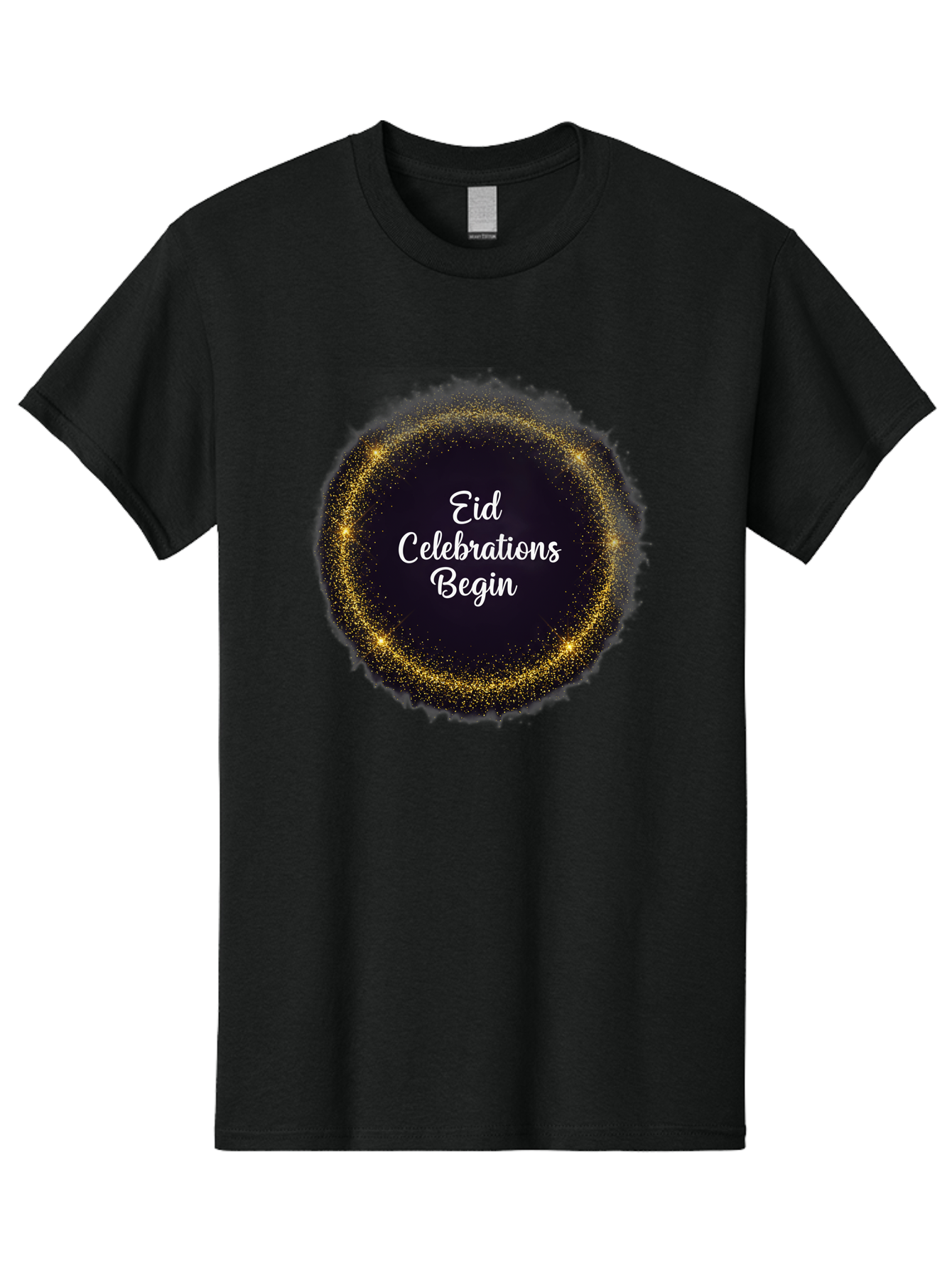 Eid-Celebrations-Begin Men'S Graphic Tee, 100% Cotton, Comfortable Casual Summer Wear, Machine Washable, Eid Celebrations, Festive Greeting, Holiday Wishes, Sparkling Circle, Golden Glitter, Eid Mubarak, Celebration Begins, Joyful Festivities, Bad063