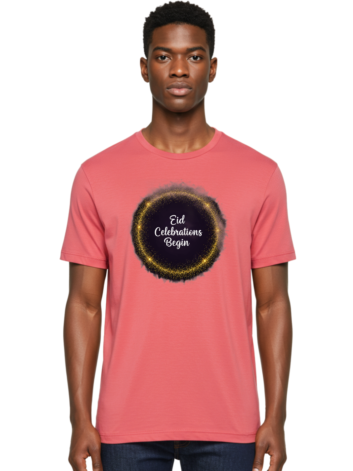 Eid-Celebrations-Begin Men'S Graphic Tee, 100% Cotton, Comfortable Casual Summer Wear, Machine Washable, Eid Celebrations, Festive Greeting, Holiday Wishes, Sparkling Circle, Golden Glitter, Eid Mubarak, Celebration Begins, Joyful Festivities, Bad063