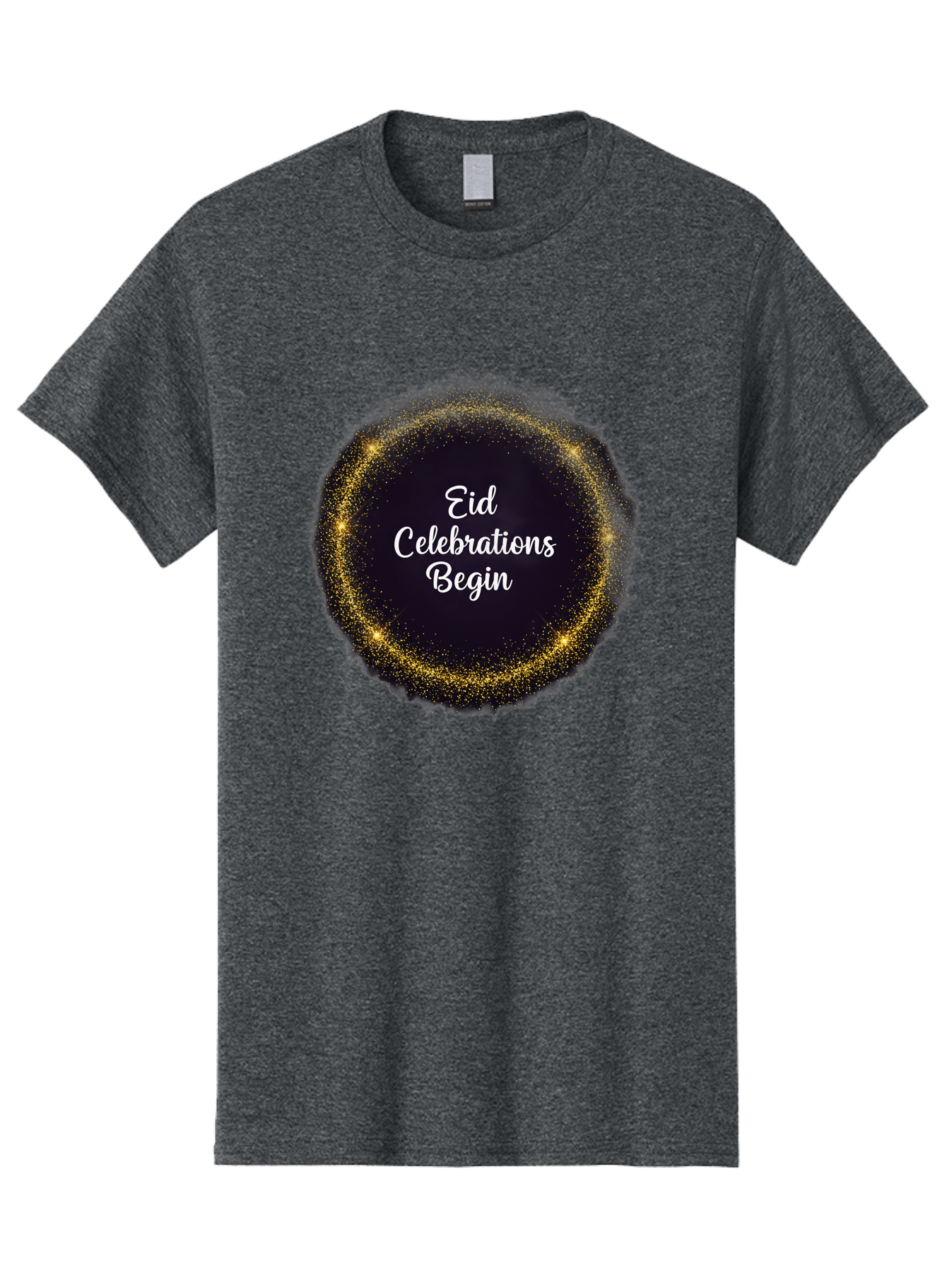 Eid-Celebrations-Begin Men'S Graphic Tee, 100% Cotton, Comfortable Casual Summer Wear, Machine Washable, Eid Celebrations, Festive Greeting, Holiday Wishes, Sparkling Circle, Golden Glitter, Eid Mubarak, Celebration Begins, Joyful Festivities, Bad063