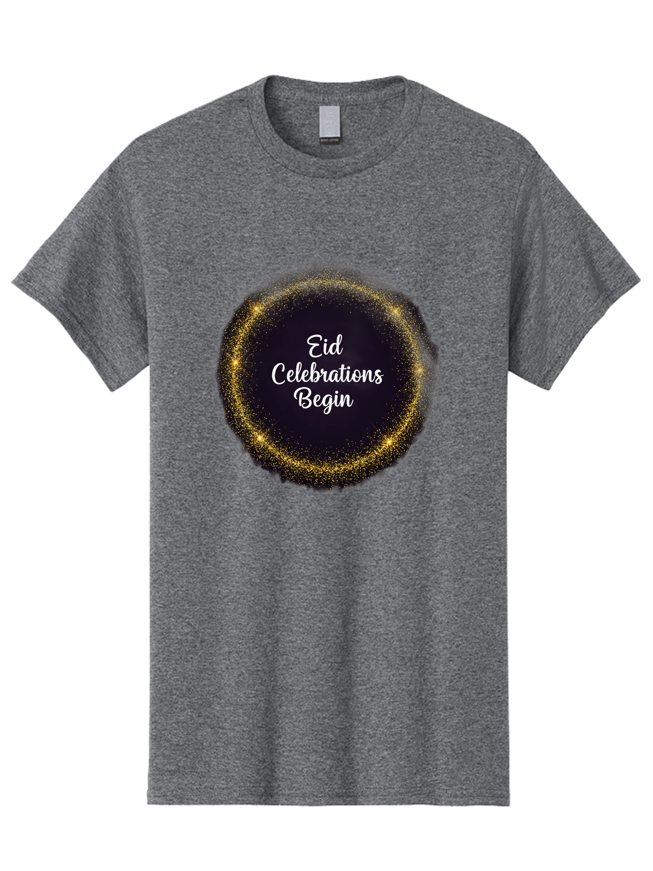 Eid-Celebrations-Begin Men'S Graphic Tee, 100% Cotton, Comfortable Casual Summer Wear, Machine Washable, Eid Celebrations, Festive Greeting, Holiday Wishes, Sparkling Circle, Golden Glitter, Eid Mubarak, Celebration Begins, Joyful Festivities, Bad063