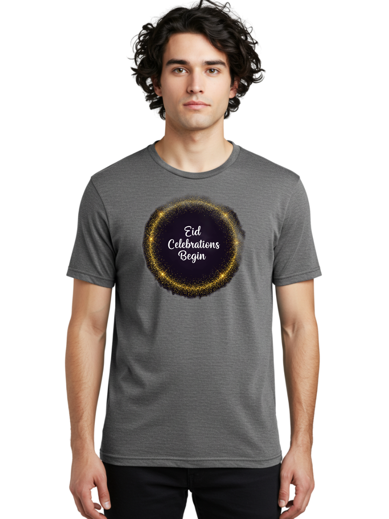 Eid-Celebrations-Begin Men'S Graphic Tee, 100% Cotton, Comfortable Casual Summer Wear, Machine Washable, Eid Celebrations, Festive Greeting, Holiday Wishes, Sparkling Circle, Golden Glitter, Eid Mubarak, Celebration Begins, Joyful Festivities, Bad063