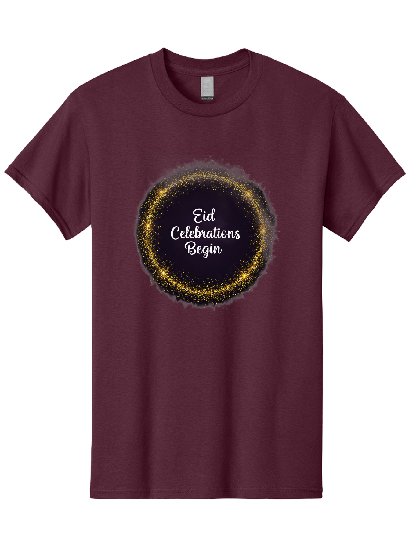 Eid-Celebrations-Begin Men'S Graphic Tee, 100% Cotton, Comfortable Casual Summer Wear, Machine Washable, Eid Celebrations, Festive Greeting, Holiday Wishes, Sparkling Circle, Golden Glitter, Eid Mubarak, Celebration Begins, Joyful Festivities, Bad063