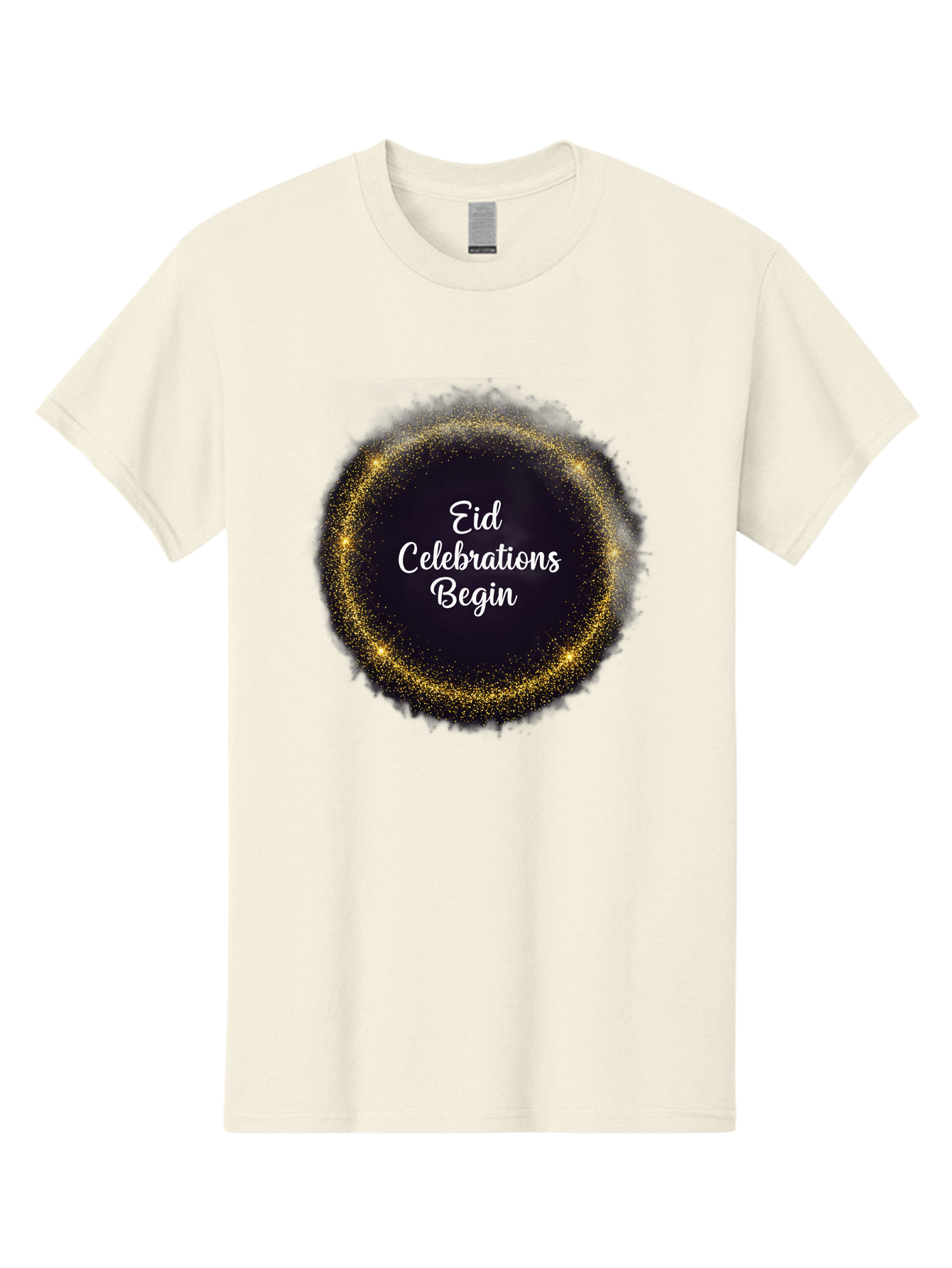 Eid-Celebrations-Begin Men'S Graphic Tee, 100% Cotton, Comfortable Casual Summer Wear, Machine Washable, Eid Celebrations, Festive Greeting, Holiday Wishes, Sparkling Circle, Golden Glitter, Eid Mubarak, Celebration Begins, Joyful Festivities, Bad063