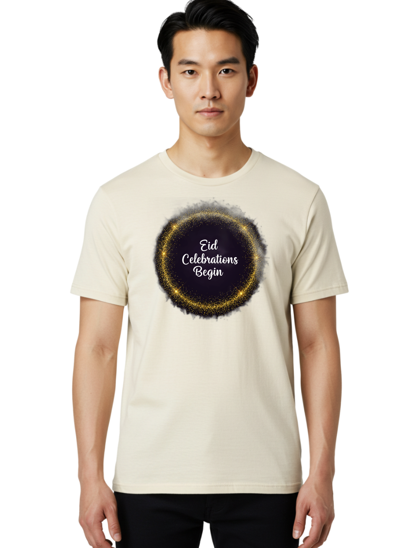 Eid-Celebrations-Begin Men'S Graphic Tee, 100% Cotton, Comfortable Casual Summer Wear, Machine Washable, Eid Celebrations, Festive Greeting, Holiday Wishes, Sparkling Circle, Golden Glitter, Eid Mubarak, Celebration Begins, Joyful Festivities, Bad063