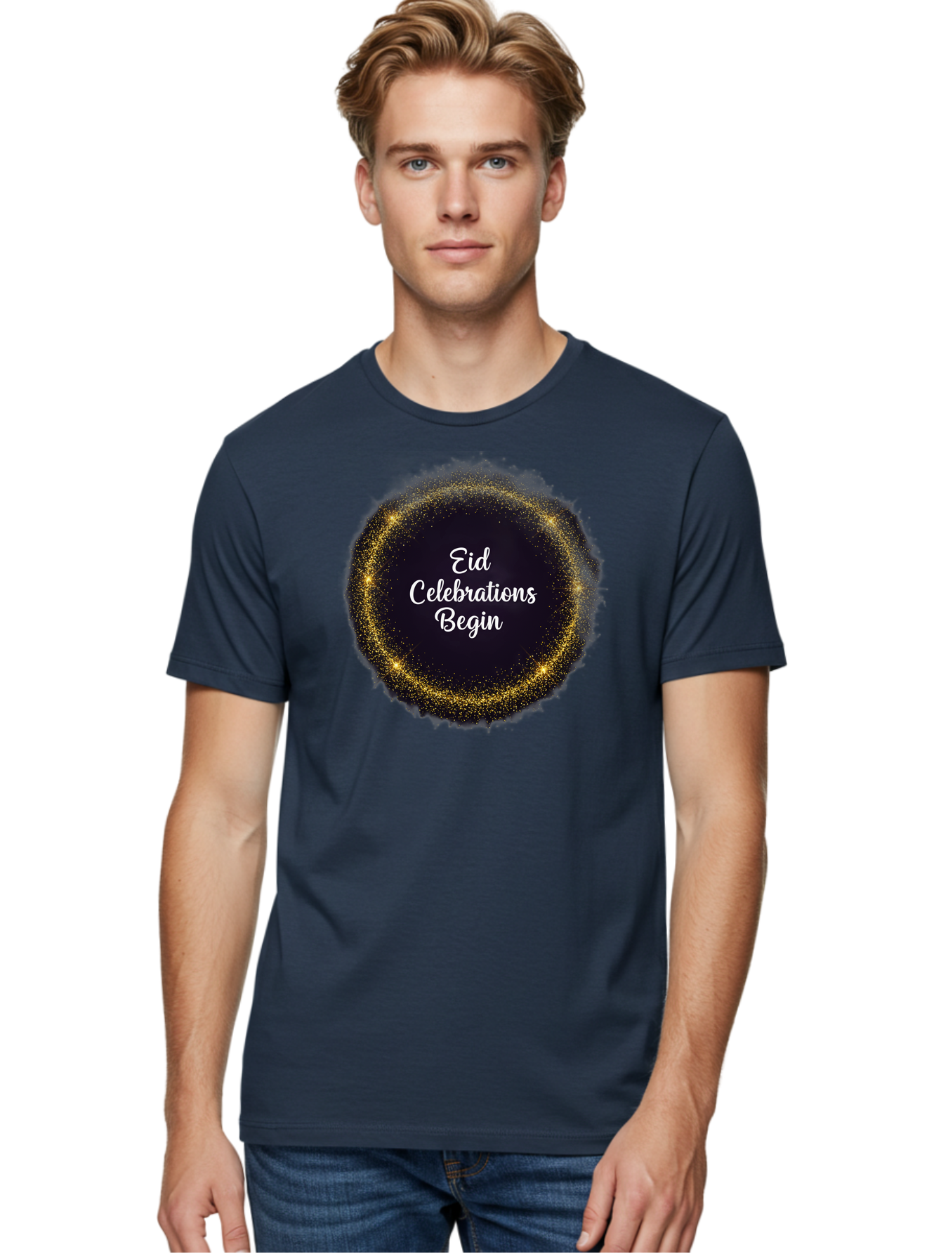 Eid-Celebrations-Begin Men'S Graphic Tee, 100% Cotton, Comfortable Casual Summer Wear, Machine Washable, Eid Celebrations, Festive Greeting, Holiday Wishes, Sparkling Circle, Golden Glitter, Eid Mubarak, Celebration Begins, Joyful Festivities, Bad063