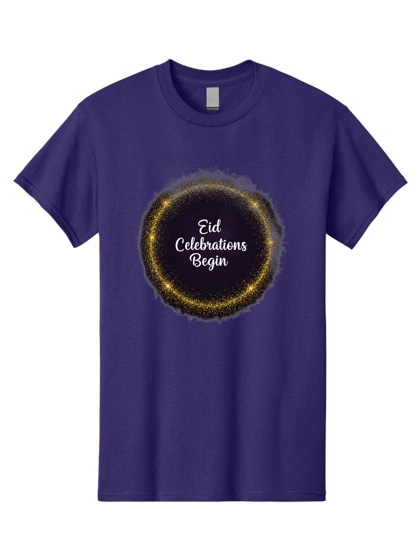 Eid-Celebrations-Begin Men'S Graphic Tee, 100% Cotton, Comfortable Casual Summer Wear, Machine Washable, Eid Celebrations, Festive Greeting, Holiday Wishes, Sparkling Circle, Golden Glitter, Eid Mubarak, Celebration Begins, Joyful Festivities, Bad063