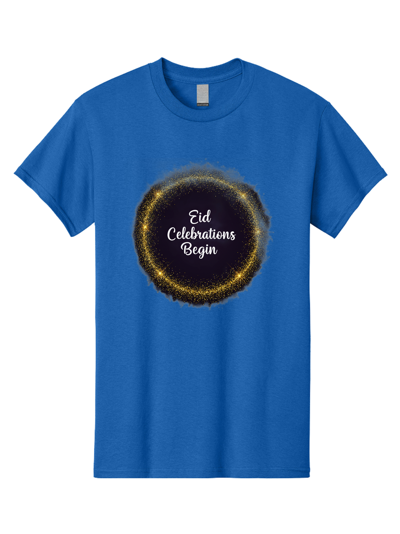 Eid-Celebrations-Begin Men'S Graphic Tee, 100% Cotton, Comfortable Casual Summer Wear, Machine Washable, Eid Celebrations, Festive Greeting, Holiday Wishes, Sparkling Circle, Golden Glitter, Eid Mubarak, Celebration Begins, Joyful Festivities, Bad063