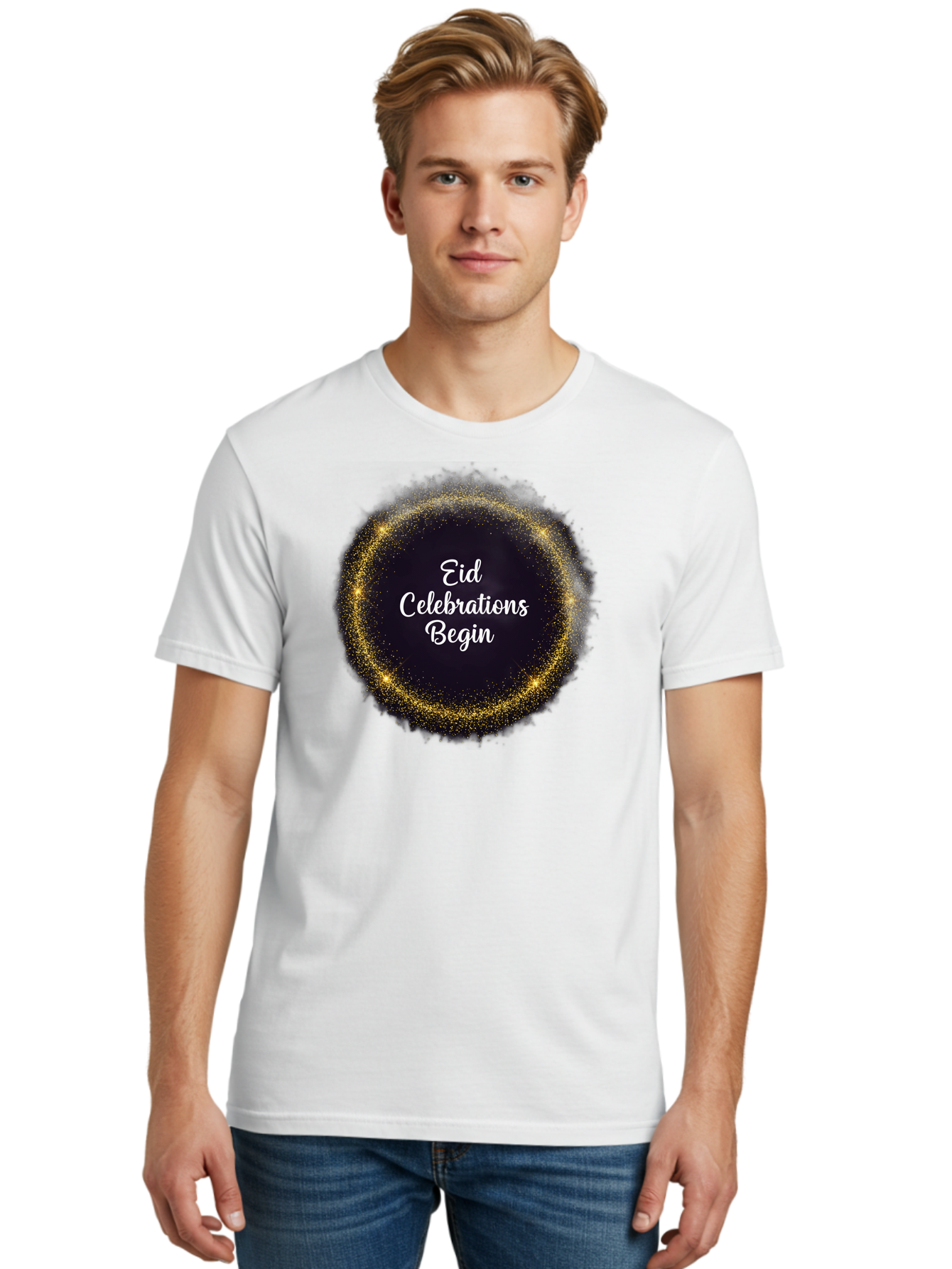 Eid-Celebrations-Begin Men'S Graphic Tee, 100% Cotton, Comfortable Casual Summer Wear, Machine Washable, Eid Celebrations, Festive Greeting, Holiday Wishes, Sparkling Circle, Golden Glitter, Eid Mubarak, Celebration Begins, Joyful Festivities, Bad063