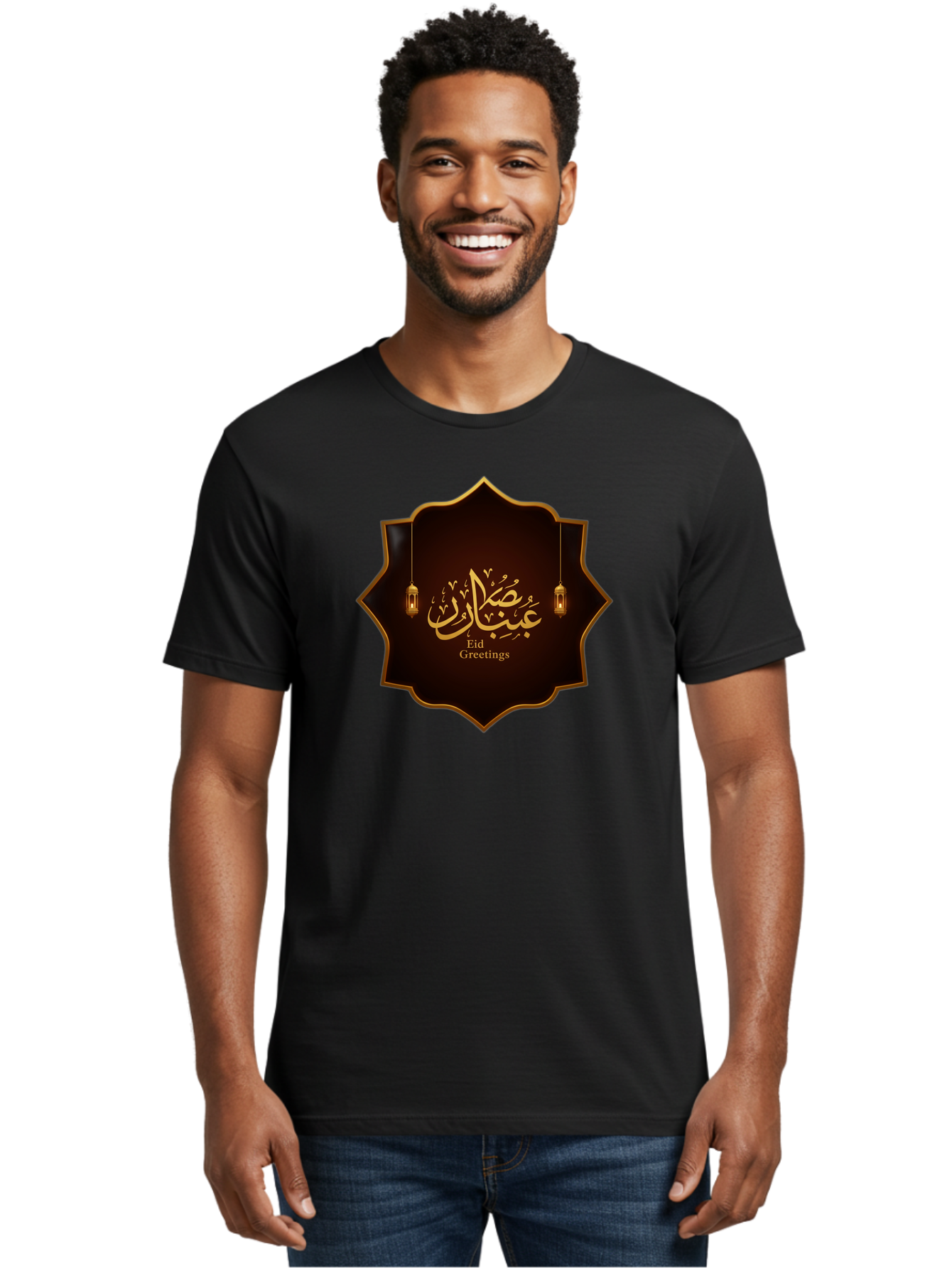Eid-Greetings Men'S Graphic Tee, 100% Cotton, Comfortable Casual Summer Wear, Machine Washable, Eid Mubarak Greetings, Islamic Calligraphy, Golden Ornaments, Hanging Lanterns, Traditional Celebrations, Eid Wishes, Muslim Festival Bad064