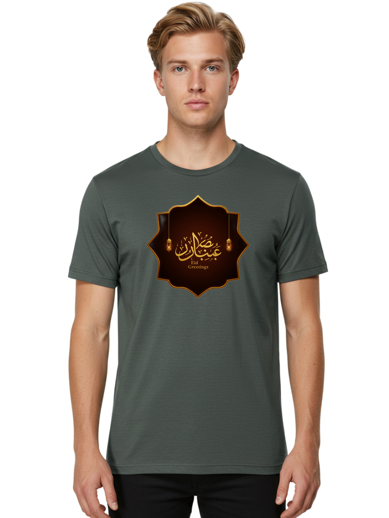 Eid-Greetings Men'S Graphic Tee, 100% Cotton, Comfortable Casual Summer Wear, Machine Washable, Eid Mubarak Greetings, Islamic Calligraphy, Golden Ornaments, Hanging Lanterns, Traditional Celebrations, Eid Wishes, Muslim Festival Bad064