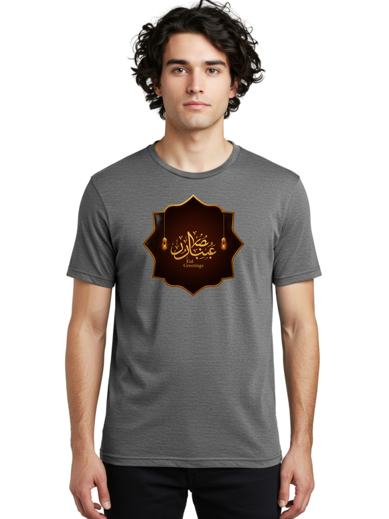 Eid-Greetings Men'S Graphic Tee, 100% Cotton, Comfortable Casual Summer Wear, Machine Washable, Eid Mubarak Greetings, Islamic Calligraphy, Golden Ornaments, Hanging Lanterns, Traditional Celebrations, Eid Wishes, Muslim Festival Bad064