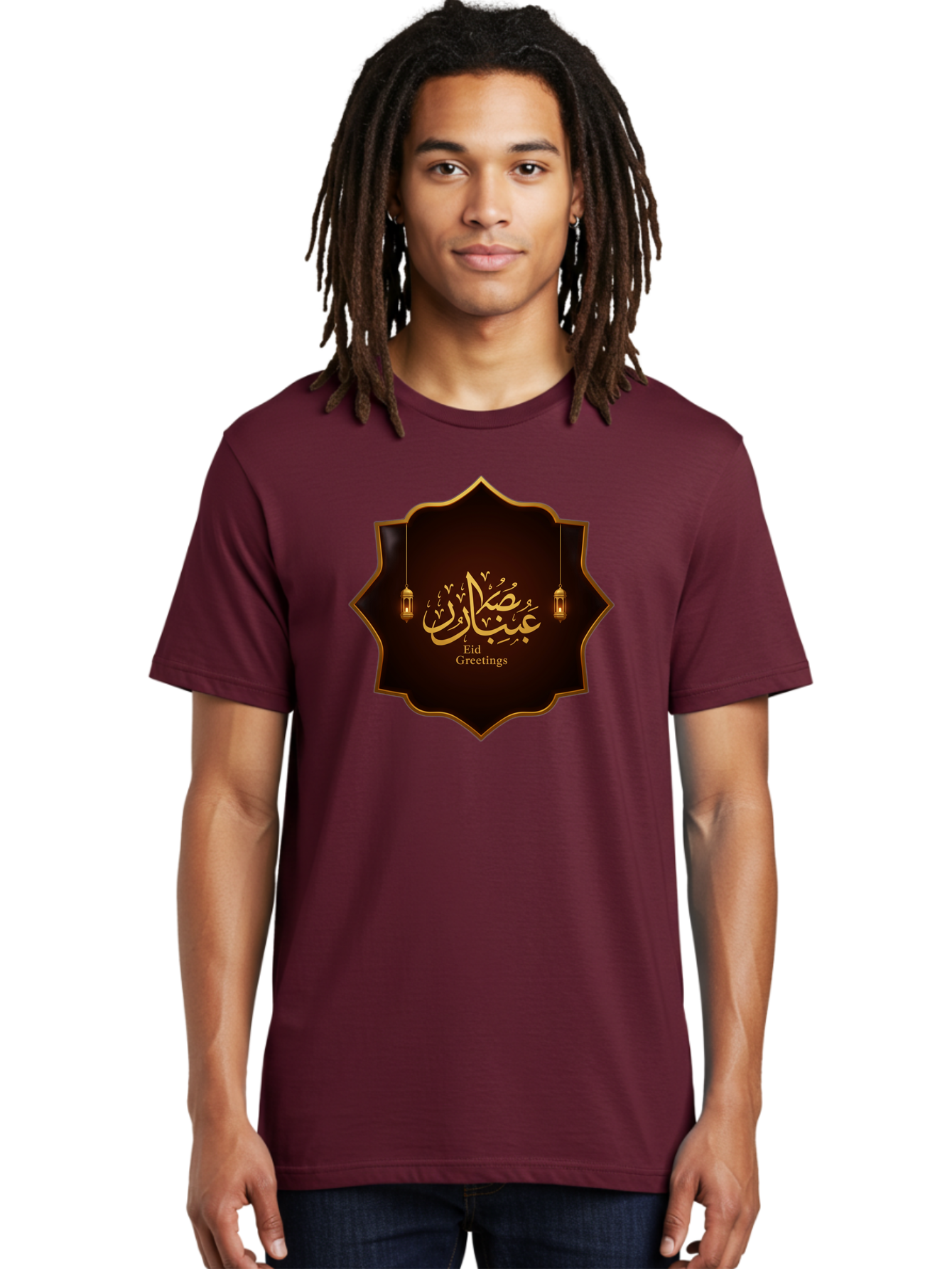 Eid-Greetings Men'S Graphic Tee, 100% Cotton, Comfortable Casual Summer Wear, Machine Washable, Eid Mubarak Greetings, Islamic Calligraphy, Golden Ornaments, Hanging Lanterns, Traditional Celebrations, Eid Wishes, Muslim Festival Bad064