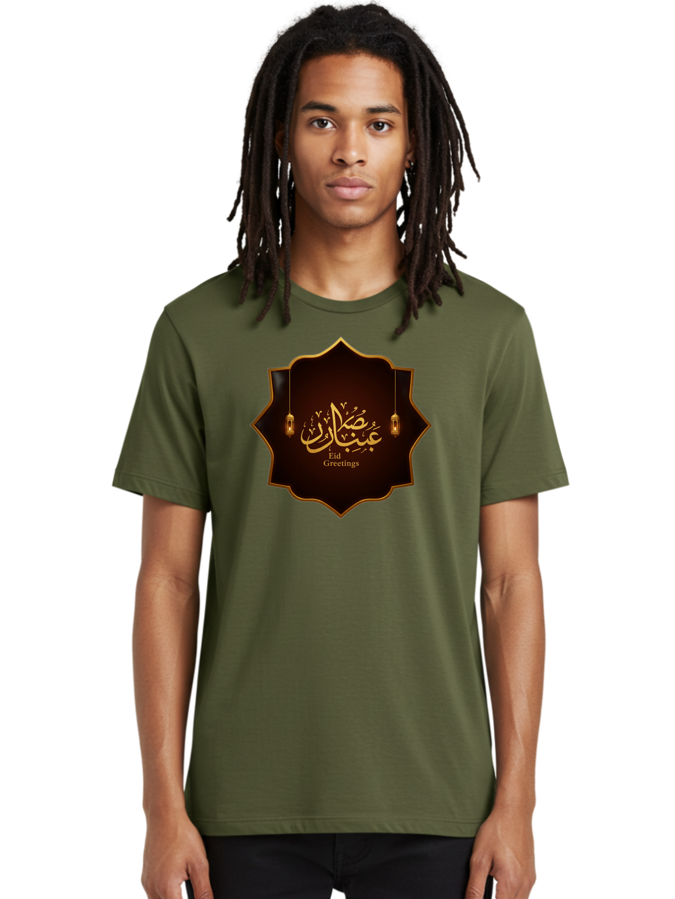 Eid-Greetings Men'S Graphic Tee, 100% Cotton, Comfortable Casual Summer Wear, Machine Washable, Eid Mubarak Greetings, Islamic Calligraphy, Golden Ornaments, Hanging Lanterns, Traditional Celebrations, Eid Wishes, Muslim Festival Bad064