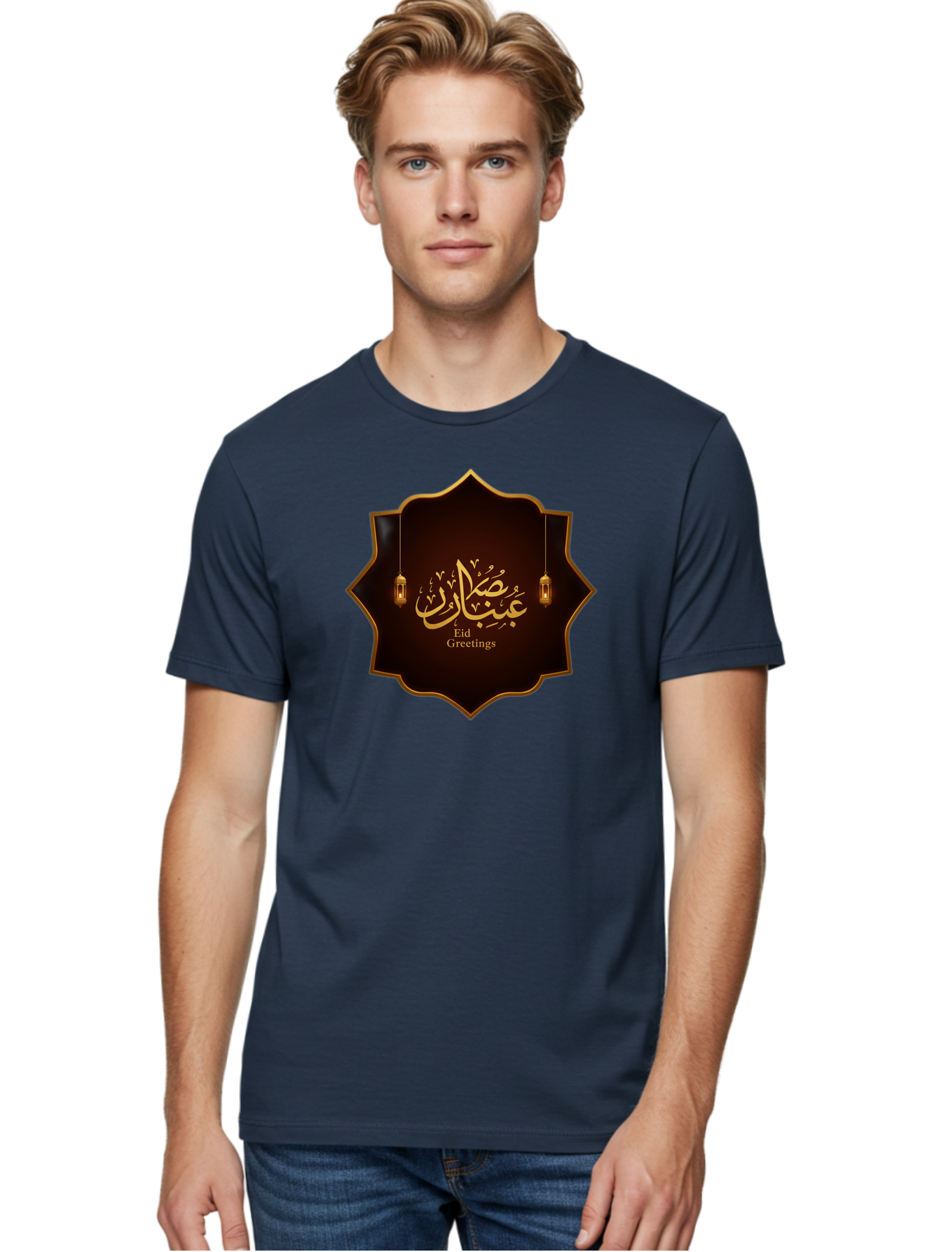 Eid-Greetings Men'S Graphic Tee, 100% Cotton, Comfortable Casual Summer Wear, Machine Washable, Eid Mubarak Greetings, Islamic Calligraphy, Golden Ornaments, Hanging Lanterns, Traditional Celebrations, Eid Wishes, Muslim Festival Bad064