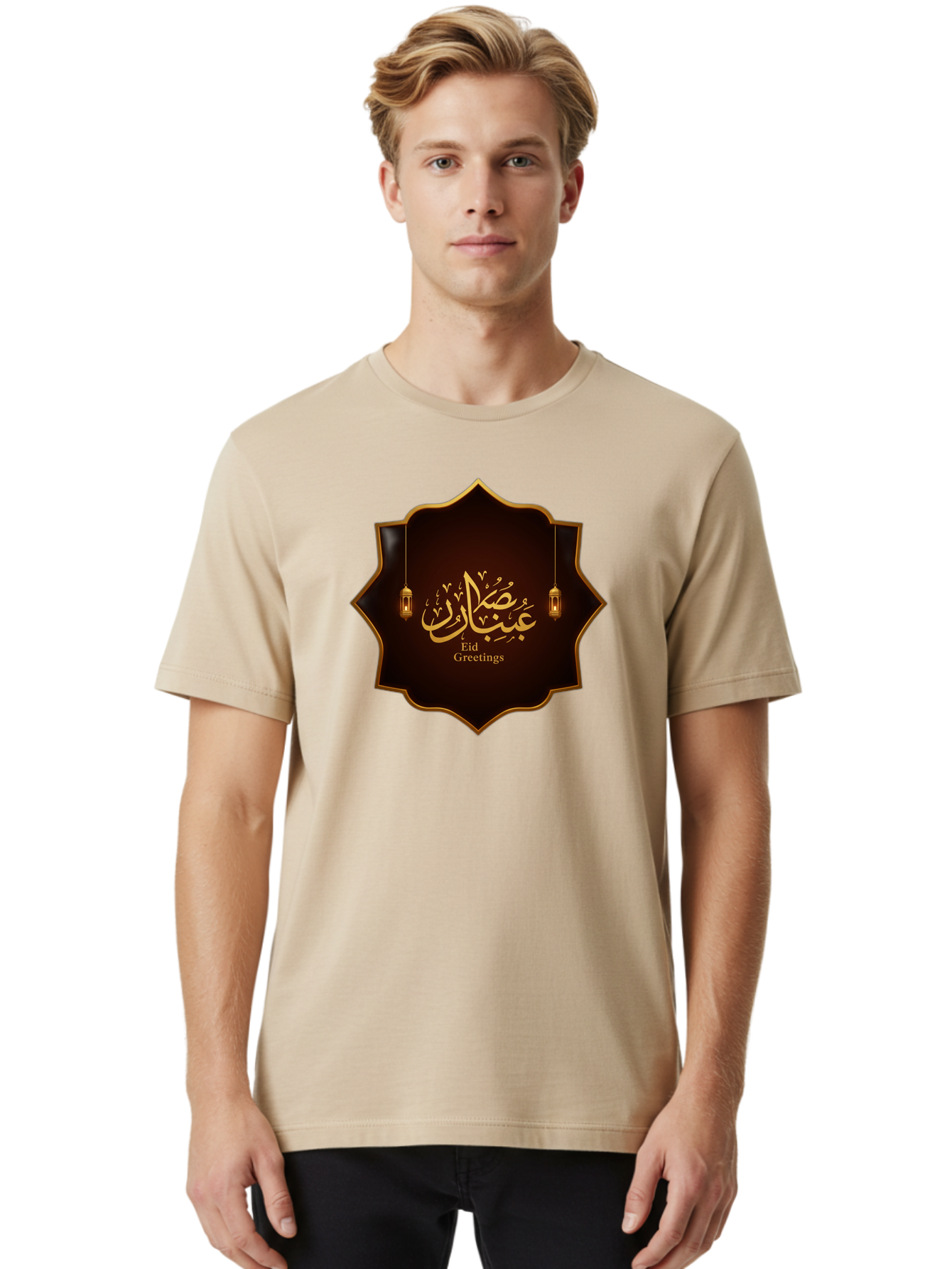 Eid-Greetings Men'S Graphic Tee, 100% Cotton, Comfortable Casual Summer Wear, Machine Washable, Eid Mubarak Greetings, Islamic Calligraphy, Golden Ornaments, Hanging Lanterns, Traditional Celebrations, Eid Wishes, Muslim Festival Bad064