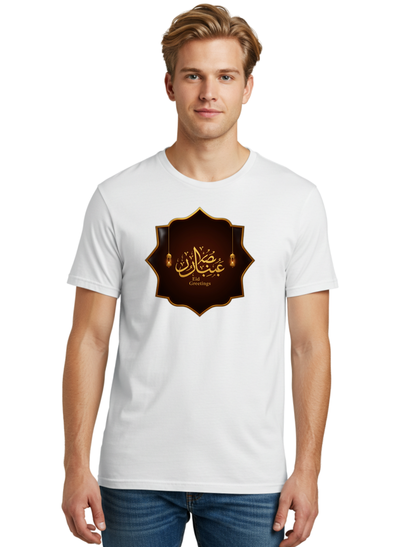Eid-Greetings Men'S Graphic Tee, 100% Cotton, Comfortable Casual Summer Wear, Machine Washable, Eid Mubarak Greetings, Islamic Calligraphy, Golden Ornaments, Hanging Lanterns, Traditional Celebrations, Eid Wishes, Muslim Festival Bad064