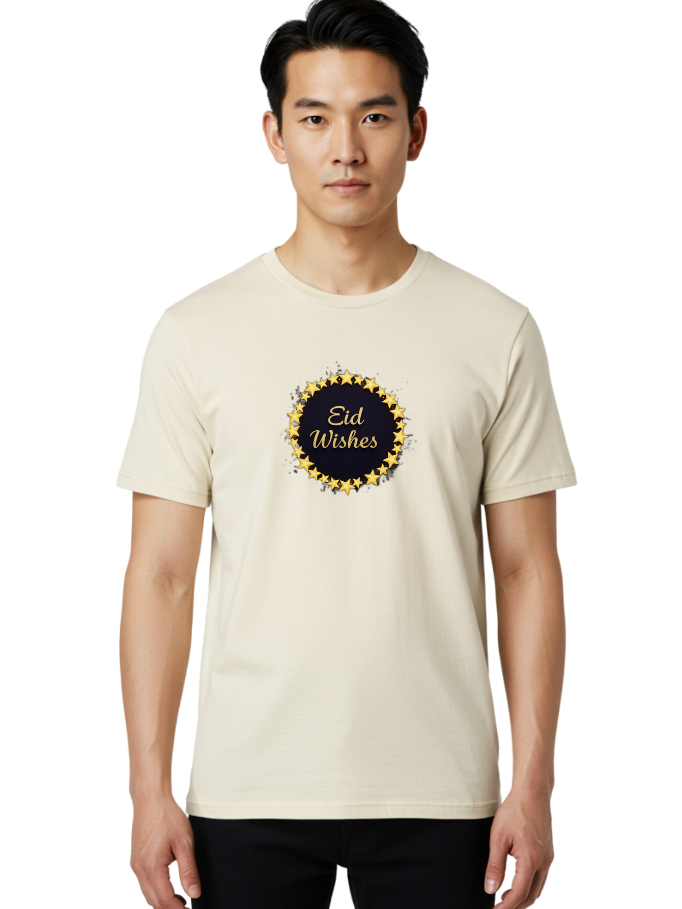 Eid-Wishes Men'S Graphic Tee, 100% Cotton, Comfortable Casual Summer Wear, Machine Washable, Eid Wishes, Festive Greeting, Golden Stars, Celebration, Holiday Wishes, Islamic Festival, Eid Mubarak, Starry Design, Elegant Font, Gold Stars Bad066