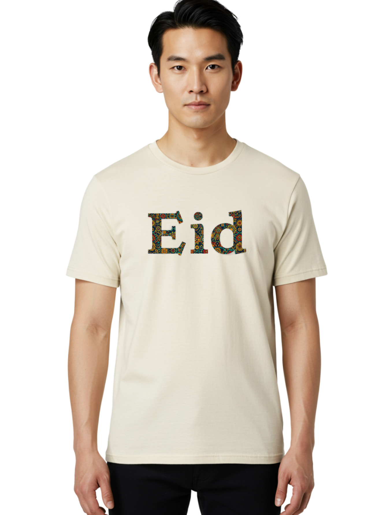 Eid Men'S Graphic Tee, 100% Cotton, Comfortable Casual Summer Wear, Machine Washable, Eid Celebration, Floral Pattern, Colorful Design, Vibrant Colors, Festive Atmosphere, Islamic Holiday, Cultural Tradition, Ornate Details, Decorative Art Bad067