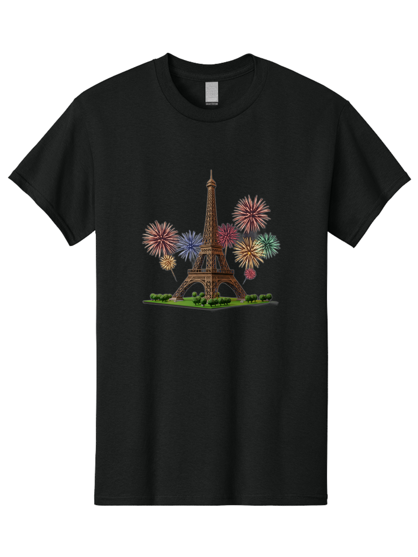 Eiffel-Tower-3 Men'S Graphic Tee, 100% Cotton, Comfortable Casual Summer Wear, Machine Washable, Eiffel Tower With Fireworks, French Landmark, Festive Atmosphere, Vibrant Colors, Celebration, Parisian Scenery, Iron Latticework Bad070