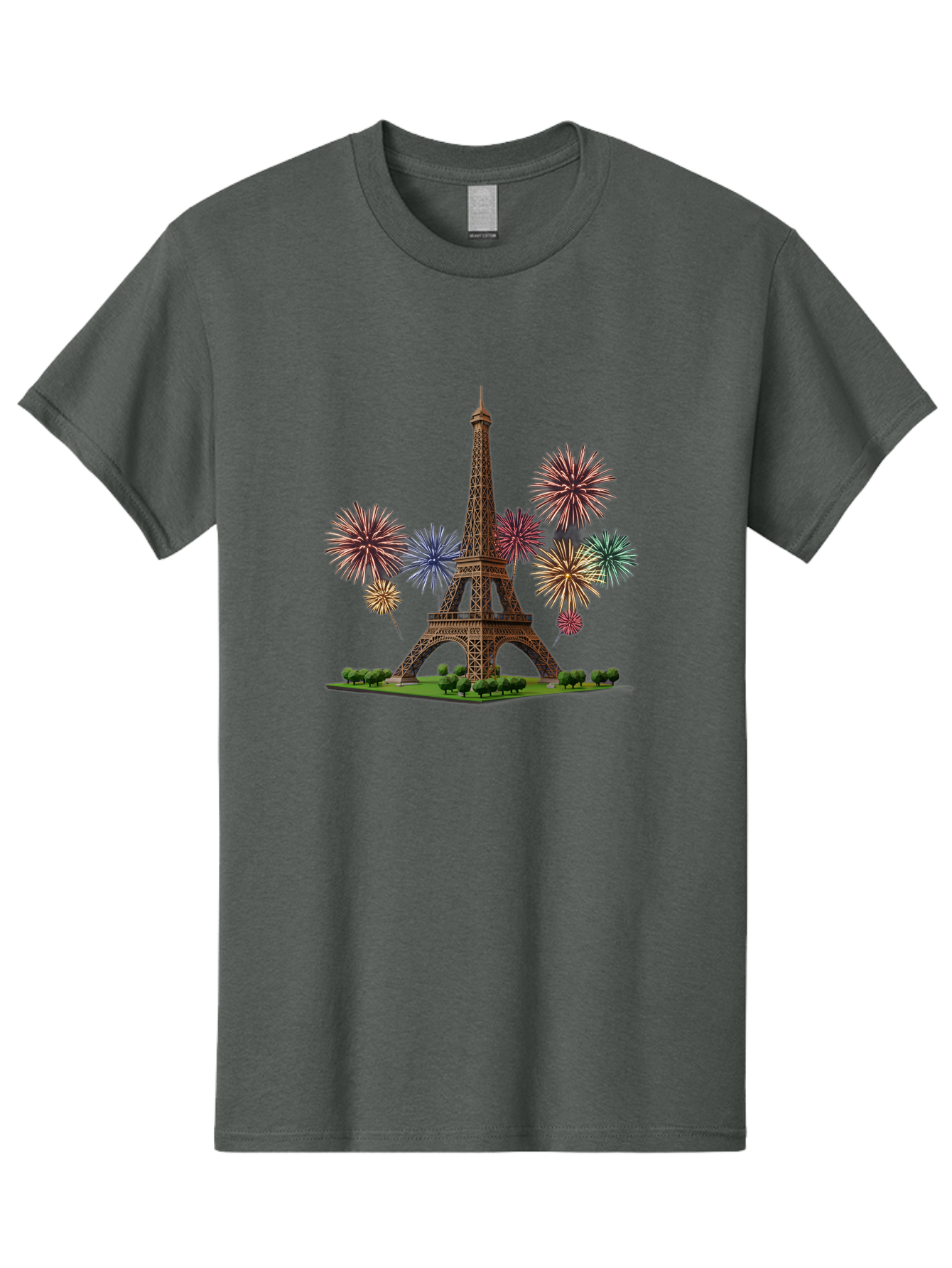 Eiffel-Tower-3 Men'S Graphic Tee, 100% Cotton, Comfortable Casual Summer Wear, Machine Washable, Eiffel Tower With Fireworks, French Landmark, Festive Atmosphere, Vibrant Colors, Celebration, Parisian Scenery, Iron Latticework Bad070