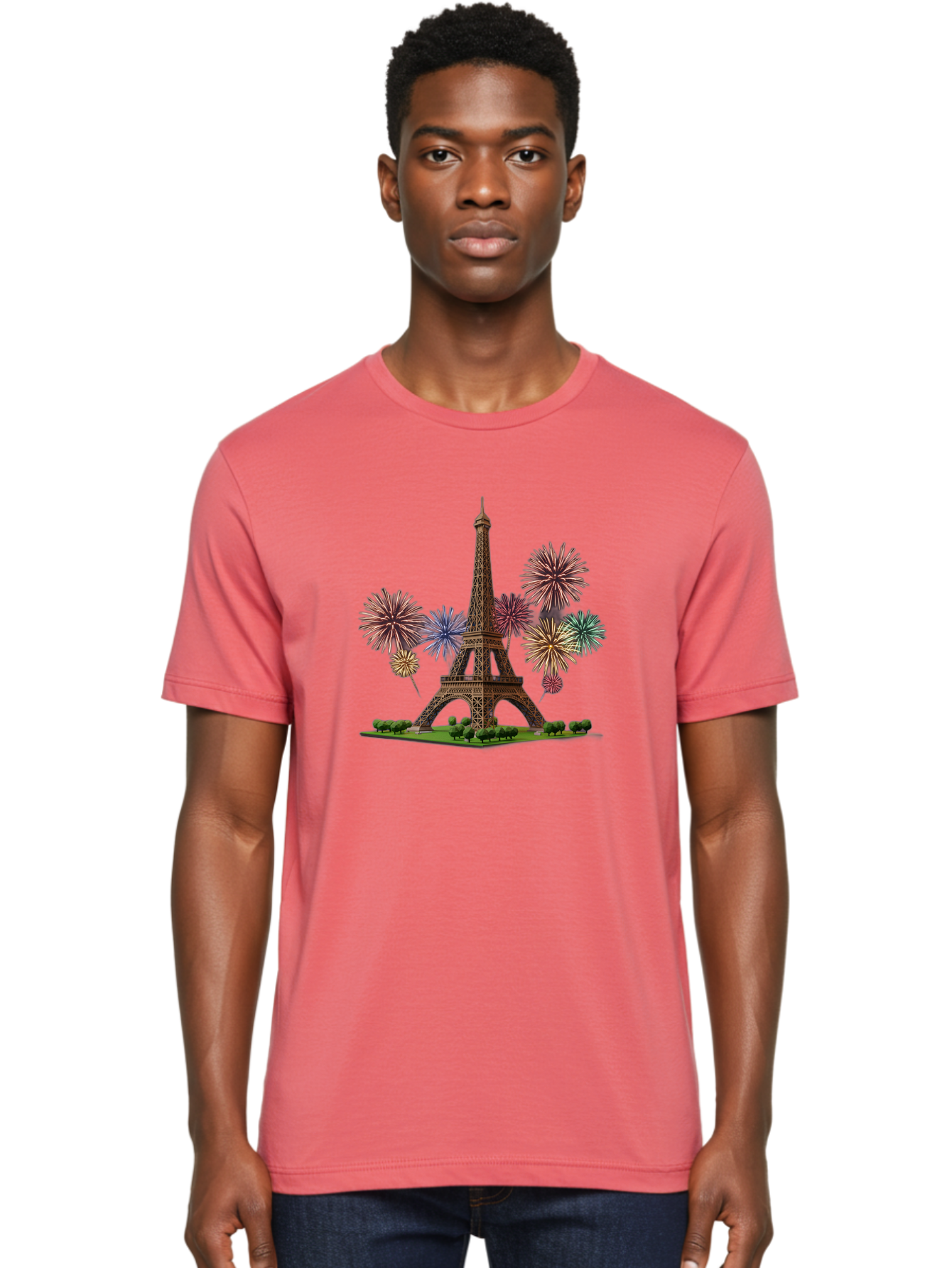 Eiffel-Tower-3 Men'S Graphic Tee, 100% Cotton, Comfortable Casual Summer Wear, Machine Washable, Eiffel Tower With Fireworks, French Landmark, Festive Atmosphere, Vibrant Colors, Celebration, Parisian Scenery, Iron Latticework Bad070